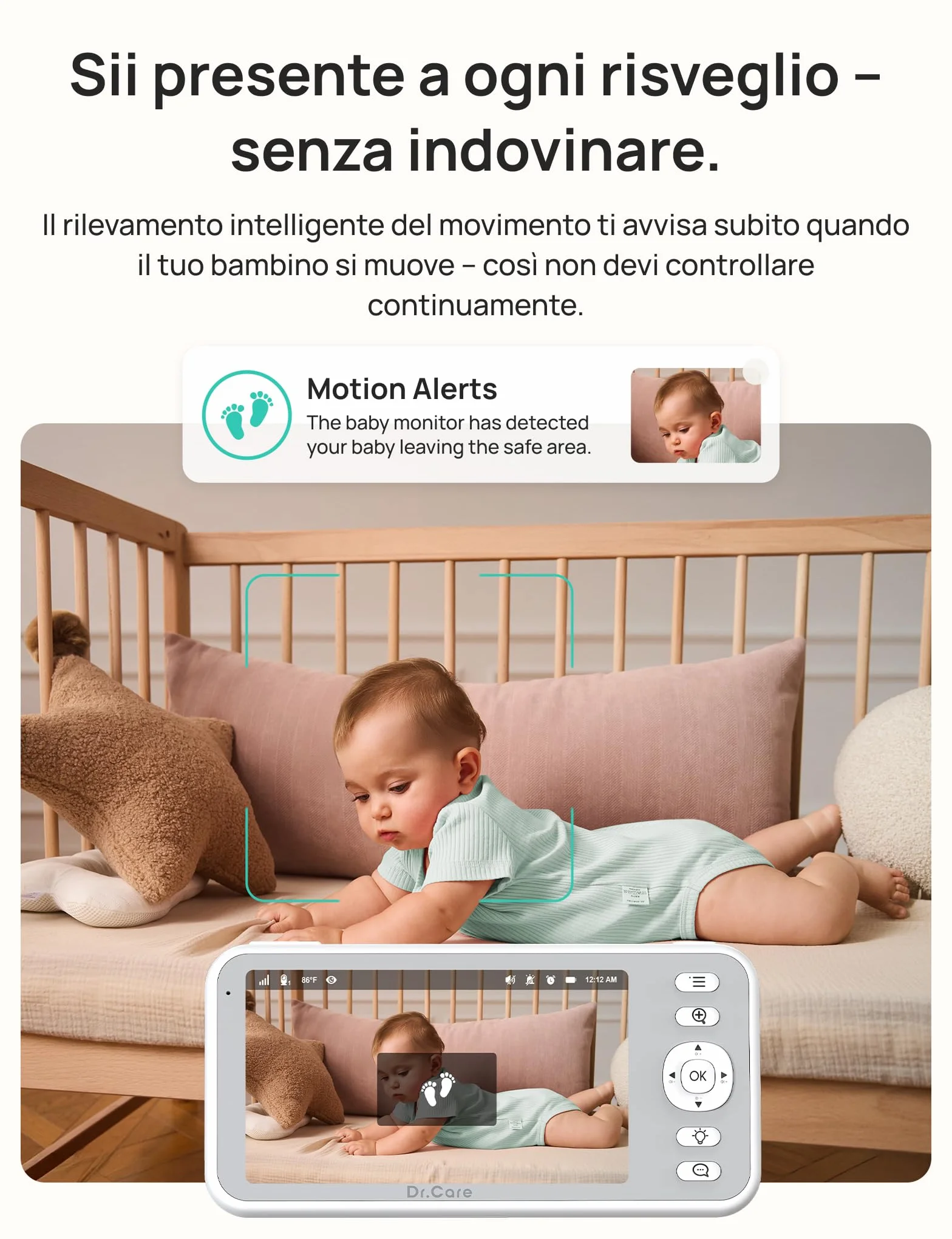 Dr.Care LumiView Baby Monitor WiFi SBM003-1080P FHD & 2K, Controllo App, Modalità Privacy, Batteria 5000mAh, Allarmi Pianto e Movimento, Luce Notturna RGB (Monitor 5" con 2 Telecamere)