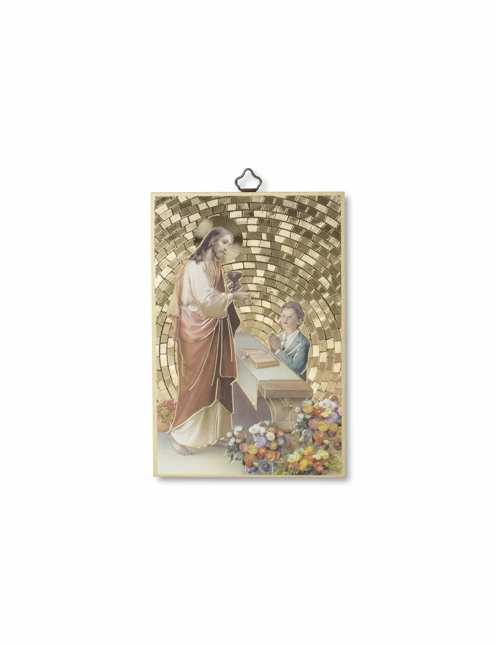 Fratelli Bonella | Quadro Sacro su legno MDF di pioppo 8mm con Mosaico in lamina dorata di un ragazzo che riceve la Prima Comunione con Preghiera sul retro 10 x 15 cm | Made in Italy