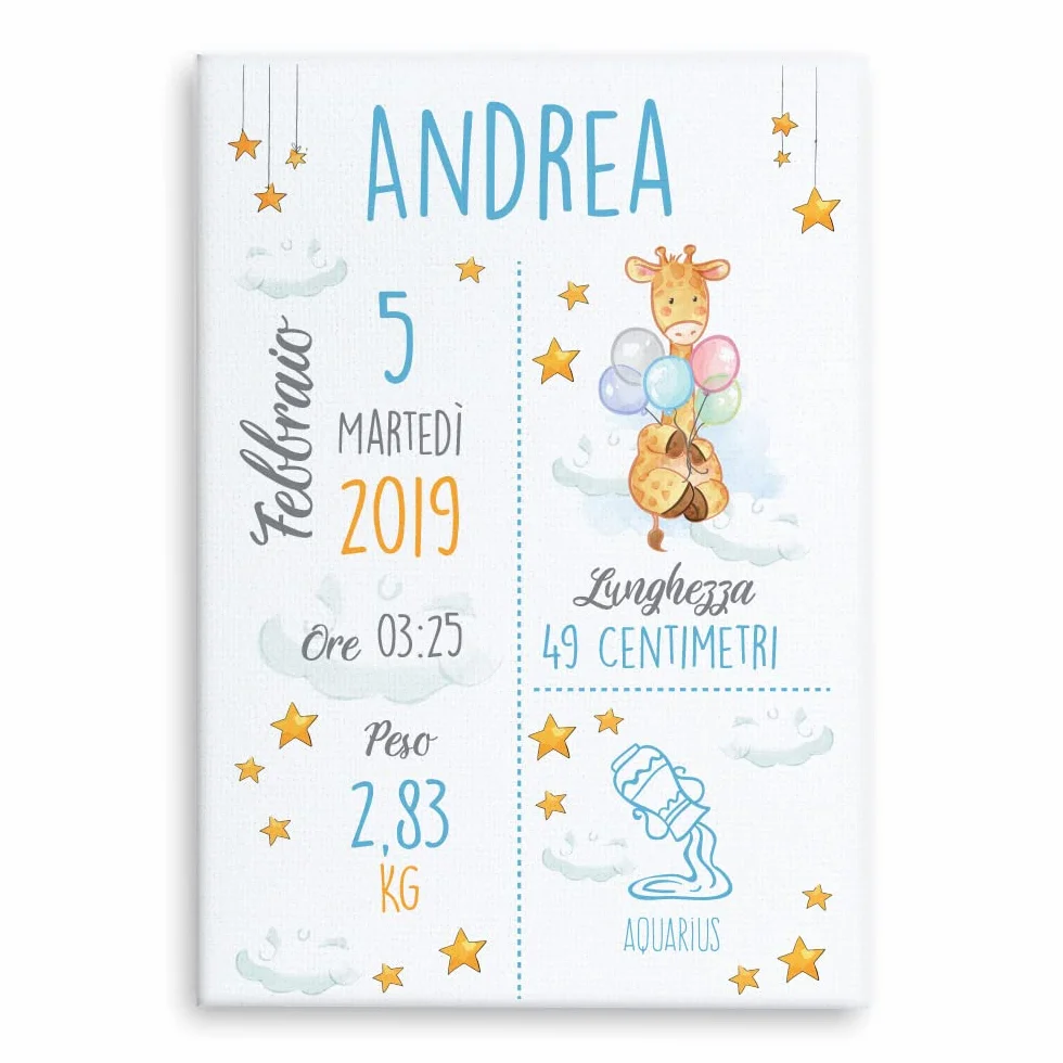 Babloo Quadro in Tela Quadretto Nascita Personalizzato Idea Regalo Bimbo Neonato Grafica Giraffa 30X40cm (Azzurro)