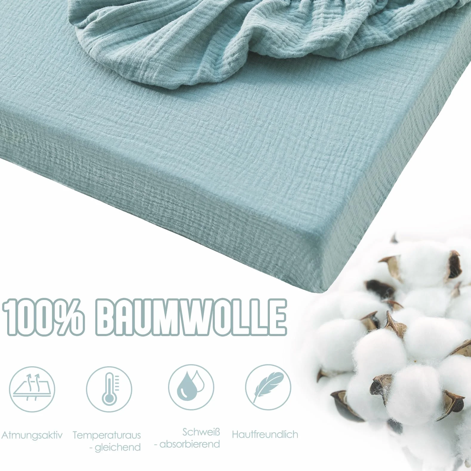 Lenzuolo con angoli elasticizzati 70 x 140 cm, in mussola, 100% cotone, morbido e traspirante, adatto per culla e lettino, lavabile in lavatrice, delicato sulla pelle del bambino, set da 2 (verde, 70