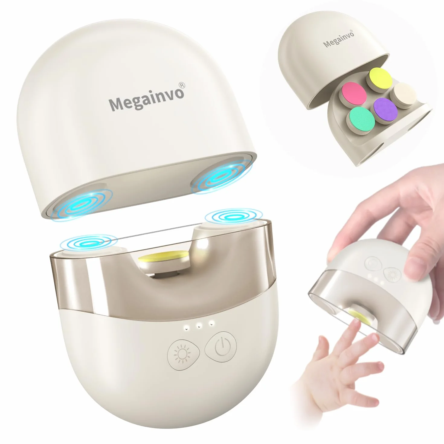 Megainvo Lima Unghie Neonato Elettrico Rechargeable Tagliaunghie Neonato Bambini Taglia Unghie Neonati con Luce & Rettifica Testine Deposito, Lima elettrica per unghie per Neonati Kit Unghie Neonato