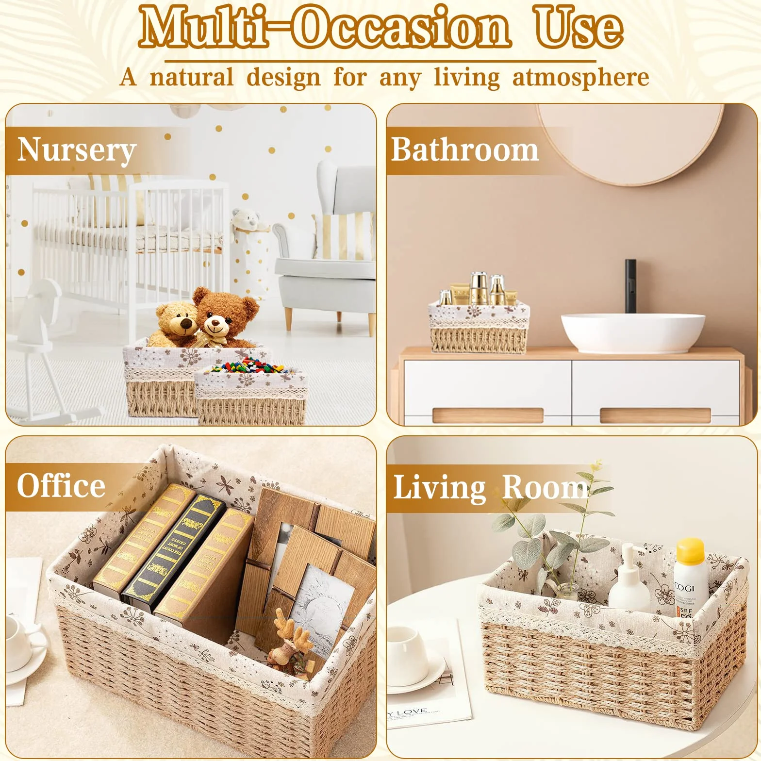 Set di 3 Cestini Portaoggetti Bambini, Cesto in Corda di Carta, Cestini di Stoccaggio, per Camerette, Bagno, Cassetti, Cucine, Soggiorno（Tre Dimensioni）