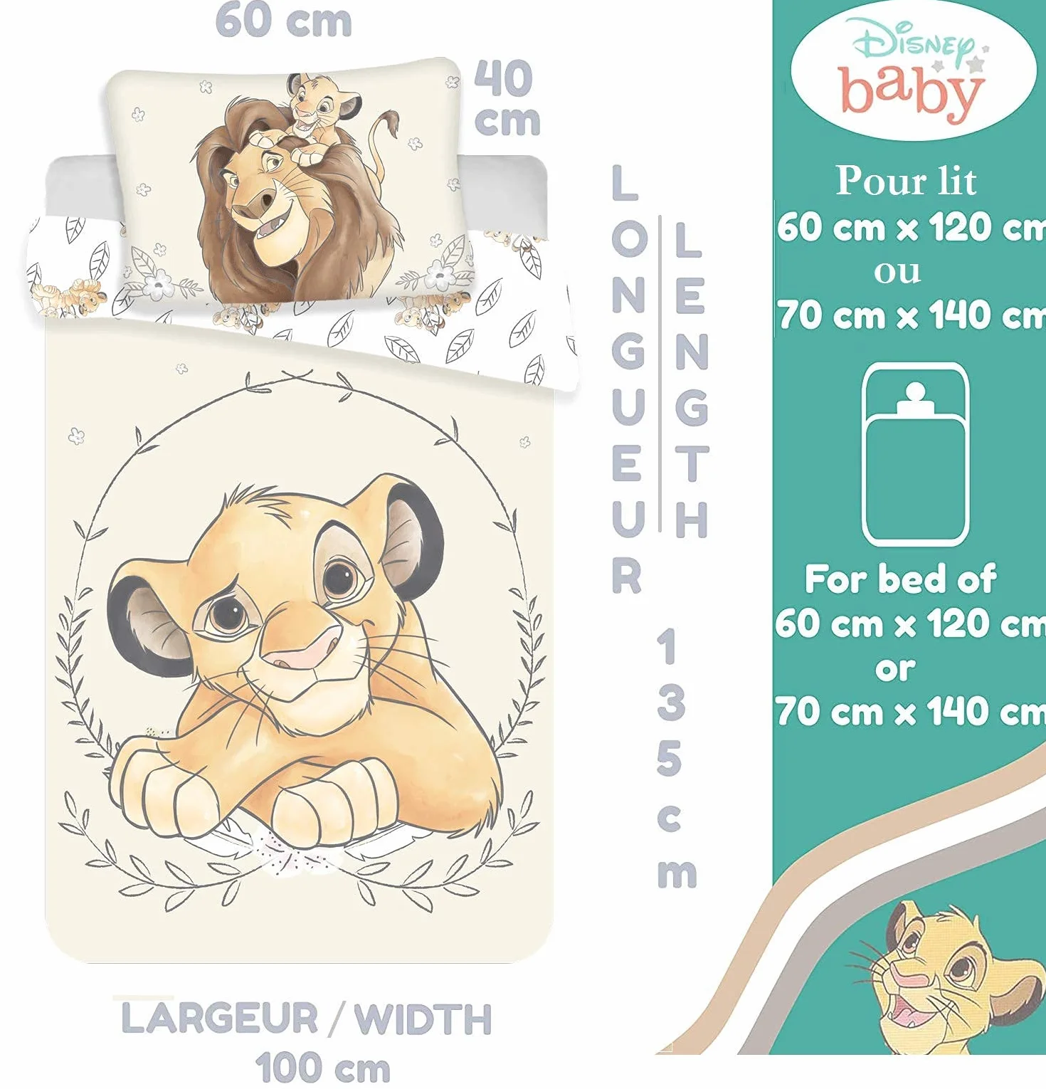 Biancheria da letto per Neonato Il Re Leone di Disney, composta da un copripiumino 100 x 135 e una federa 40x60 per un letto 60 x 120 o 70 x 140 cm