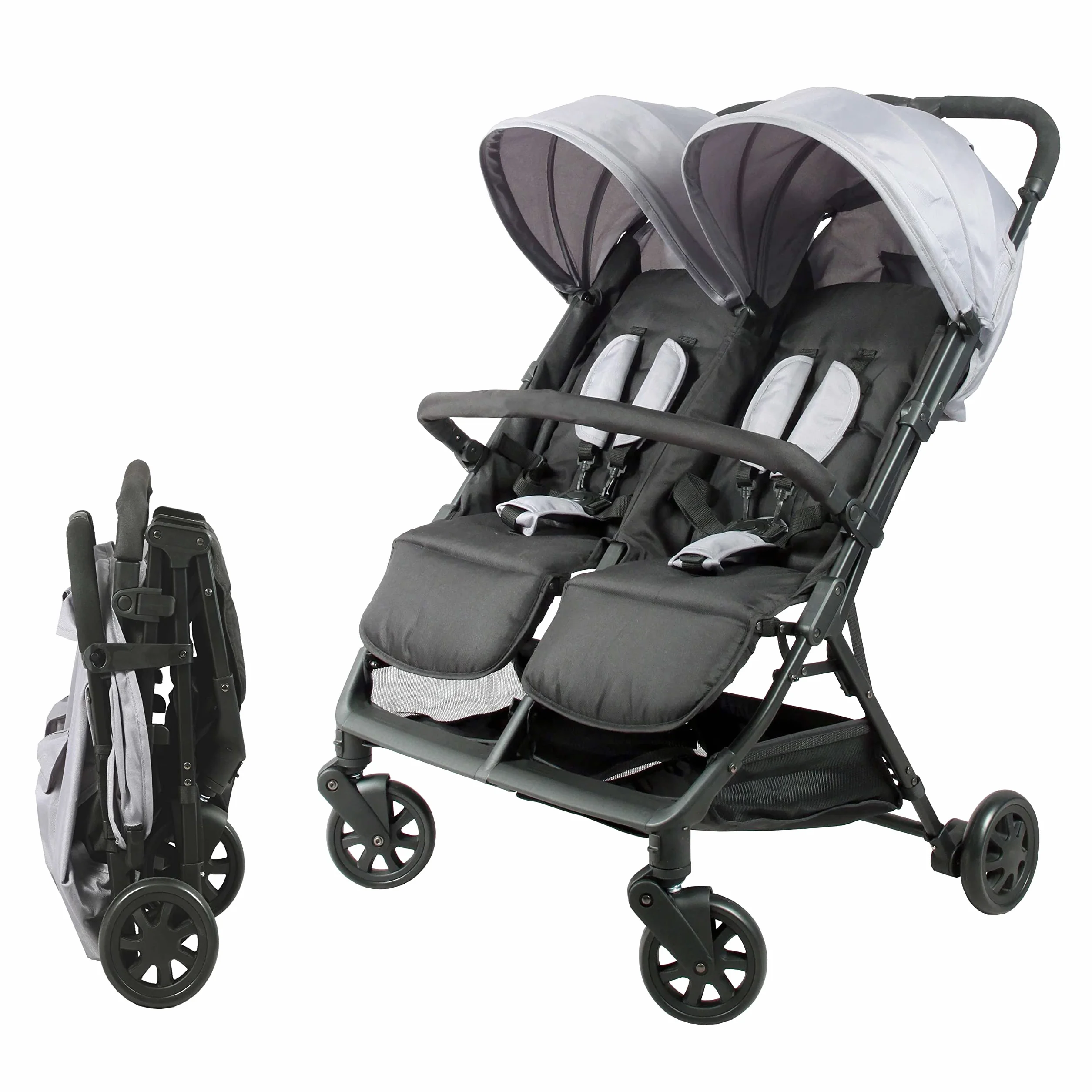 Bambisol Passeggino a doppia costa | Ideale per gemelli fin dalla nascita con pieghevole ultra-compatto | Colore nero e grigio