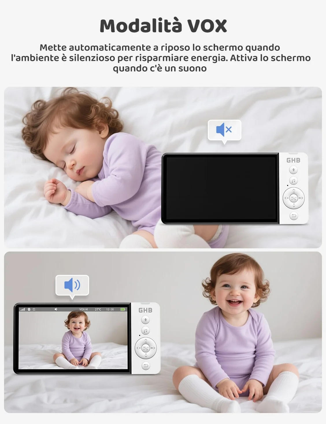 GHB Baby Monitor Video e Audio 5" 720P HD 5000mAh IPS Schermo, Telecamera Bambini con Monitor VOX Visione Notturna Rilevamento della Temperatura