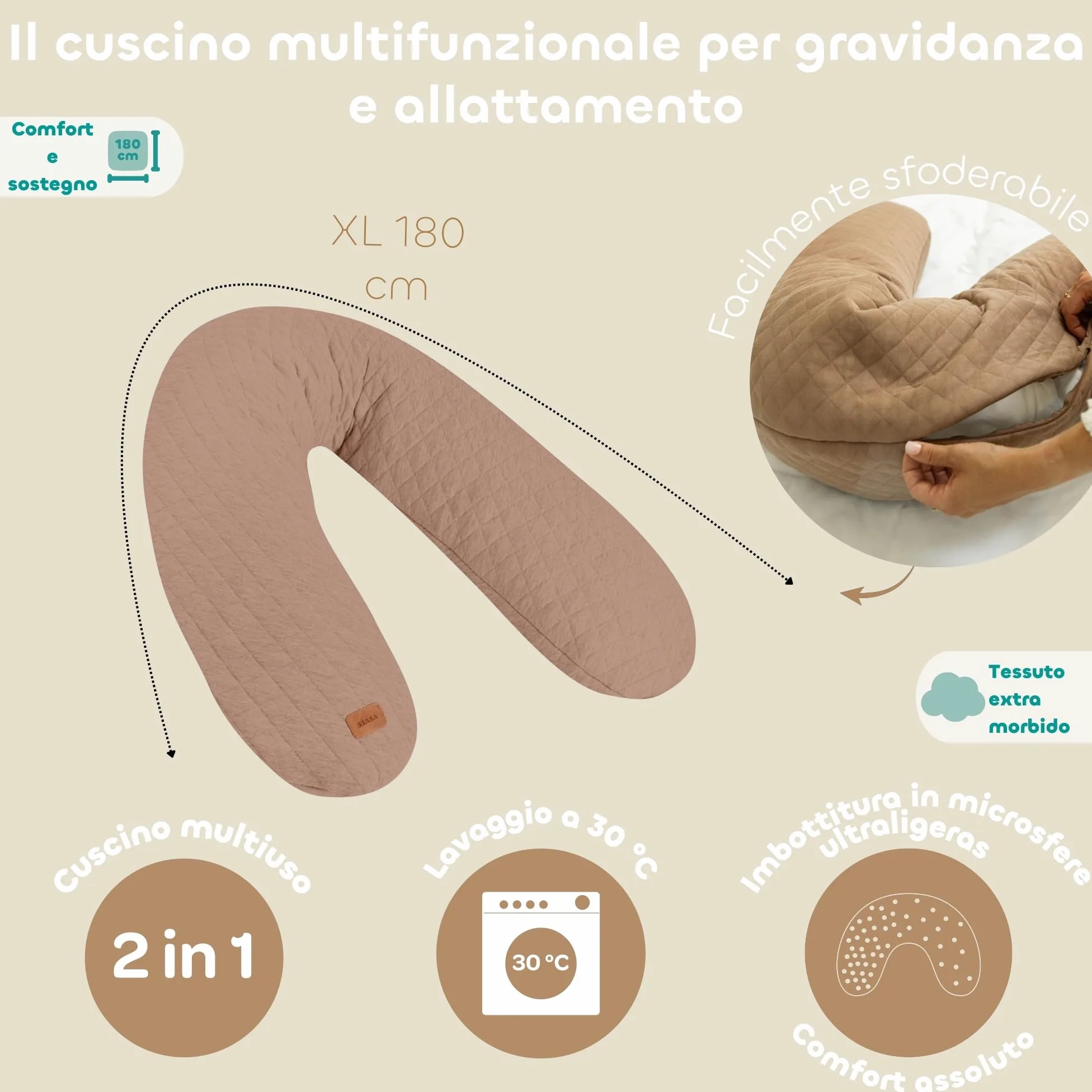 BÉABA Big Flopsy – Cuscino Allattamento e Gravidanza, Multifunzionale, Ideale per Dormire e Allattare, Supporto e Comfort Ottimale, Riposo Notturno, Tessuto Cotone Oeko-Tex – Cacao