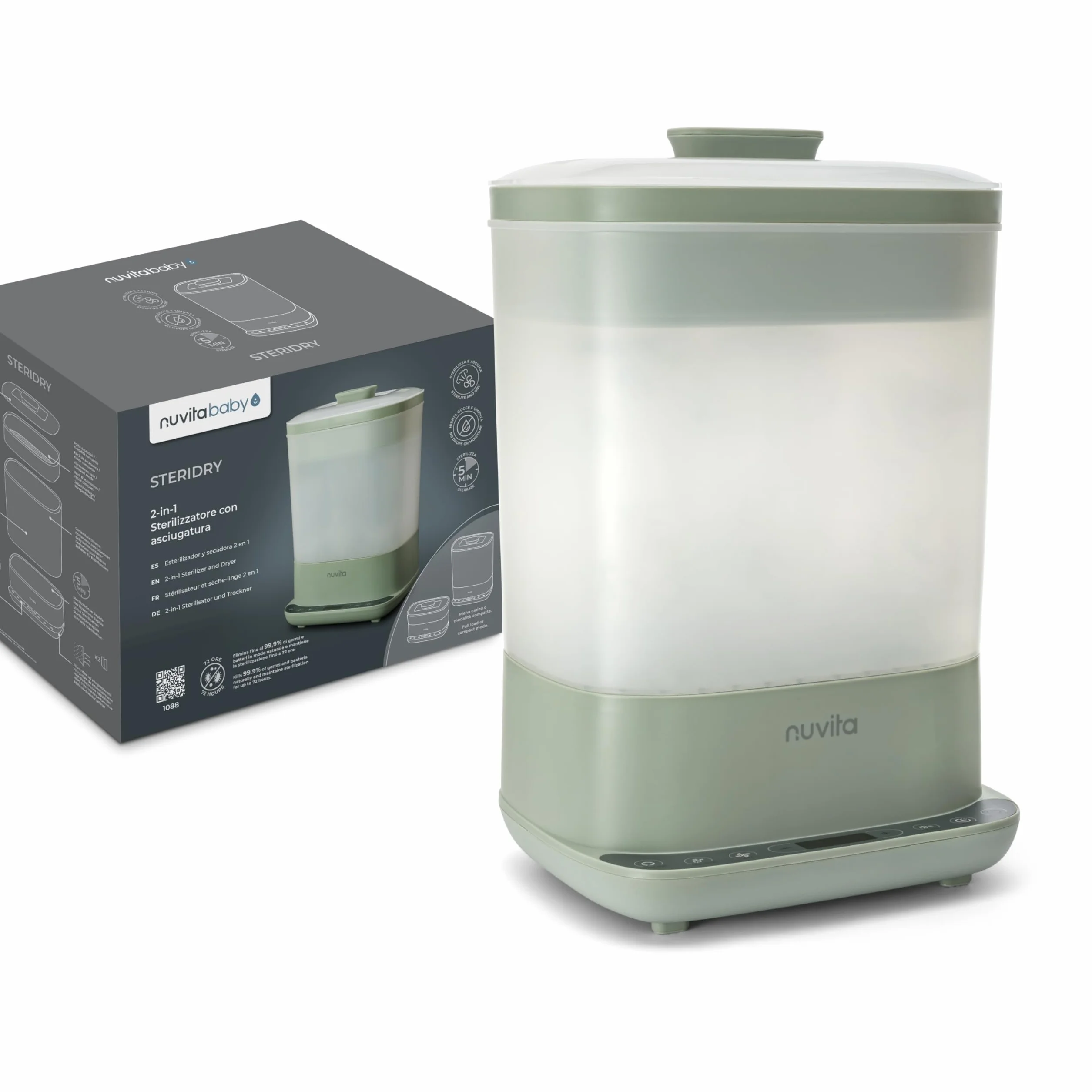 Nuvita 1088 SteriDry 2-in-1 Sterilizzatore e Asciugatore per Biberon - Sterilizzazione a Vapore 99,99%, Filtro HEPA per Asciugatura Purificata, Conservazione Sterile 72H, Grande Capacità, Timer