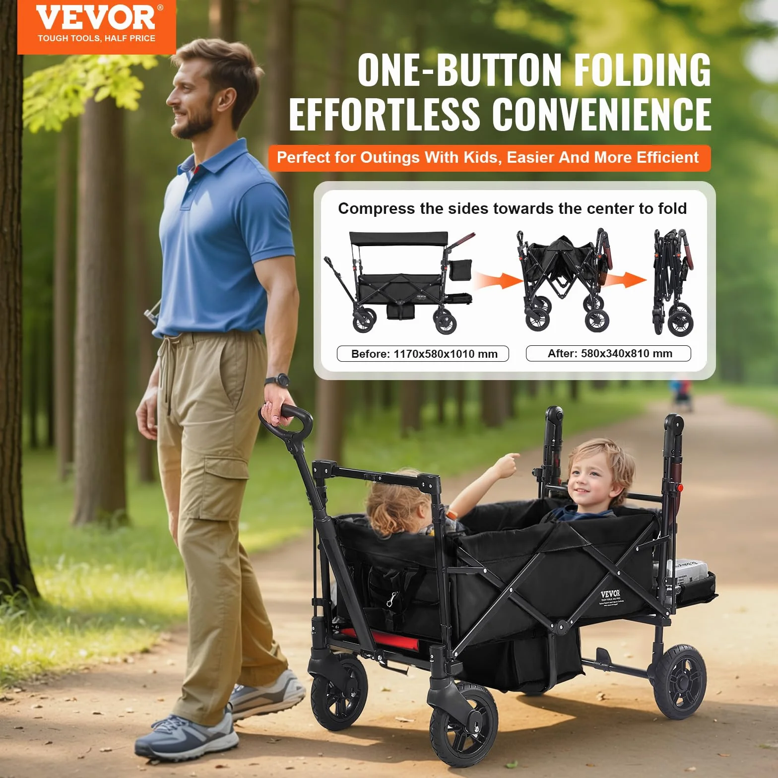 VEVOR Passeggino Wagon per 2 Bambini Pieghevole con Maniglia Regolabile, Tettuccio Rimovibile, Imbracatura Circolare, 4 Ruote con Freni, Multifunzione per Campeggio, Nero