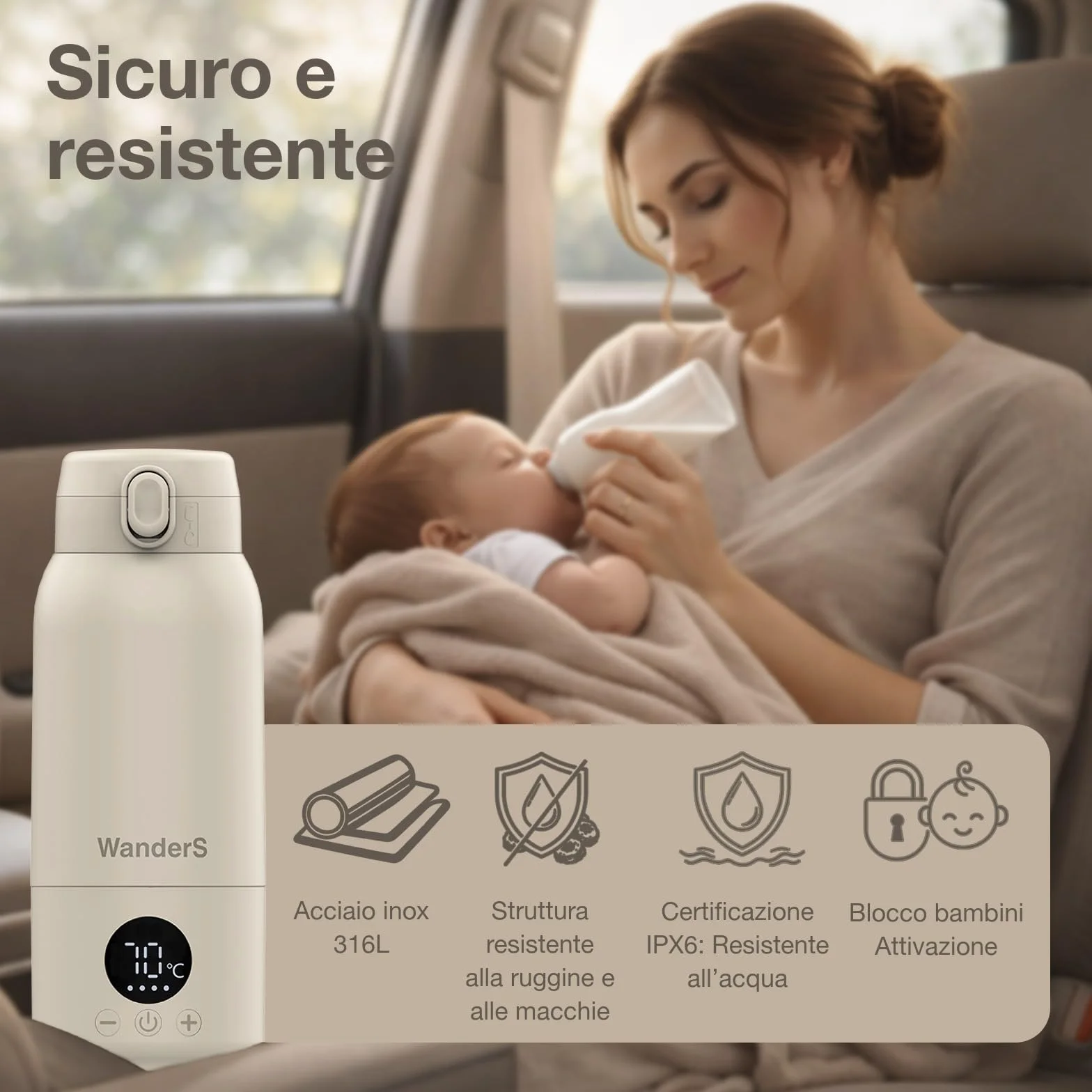 Scaldabiberon Portatile di WanderS – 500ML Scaldabiberon da Viaggio - Controllo della Temperatura, Sterilizzazione, Acciaio Inossidabile 316L, Ricarica USB-C, Impermeabile IPX6 e Blocco di Sicurezza