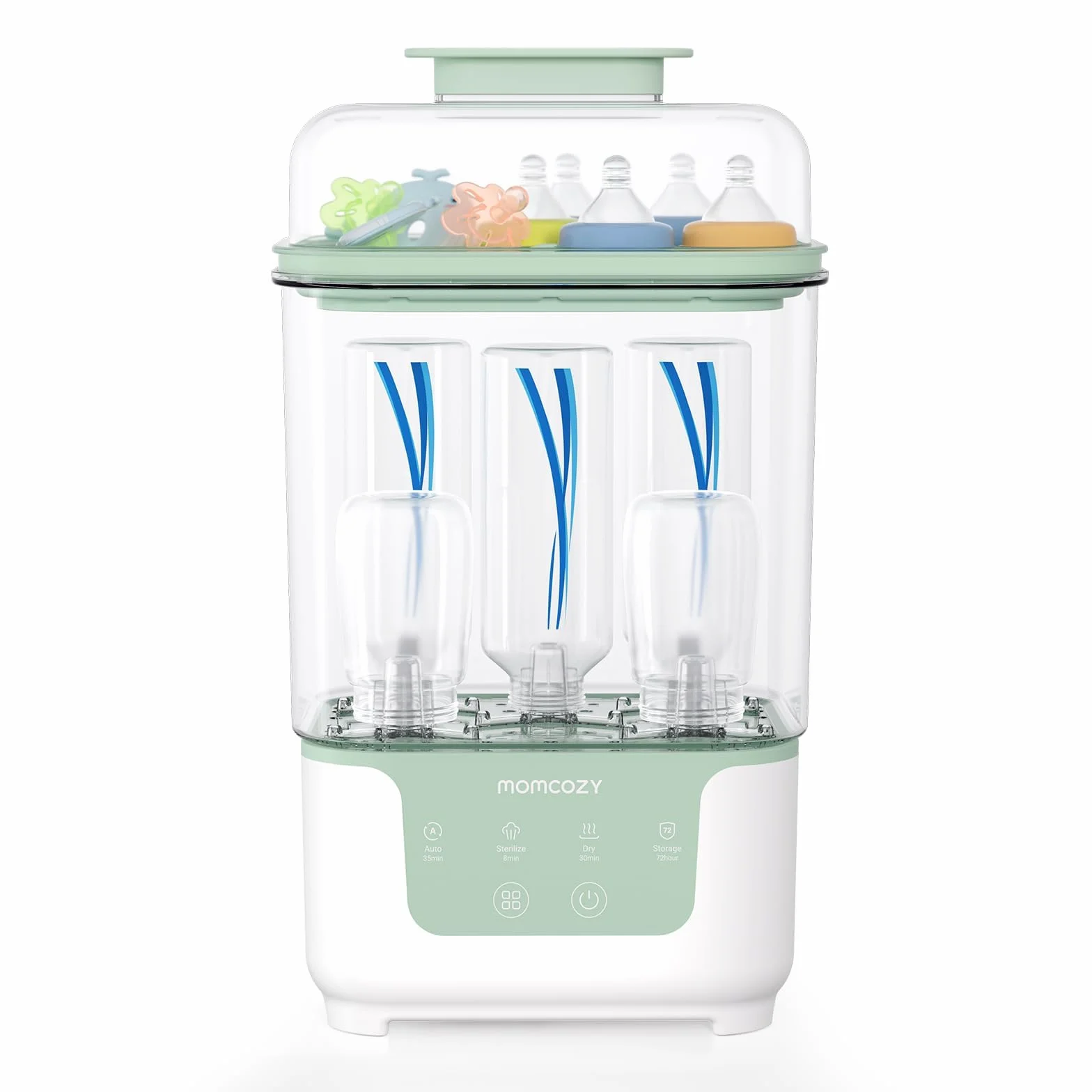 Momcozy Sterilizzatore e Asciugatrice per Biberon, Capacità 6 Biberon, Sterilizzatore Compatto 4 in 1 per Biberon, Parti per Tiralatte e Articoli Essenziali per Neonati, Stendibiancheria Incluso