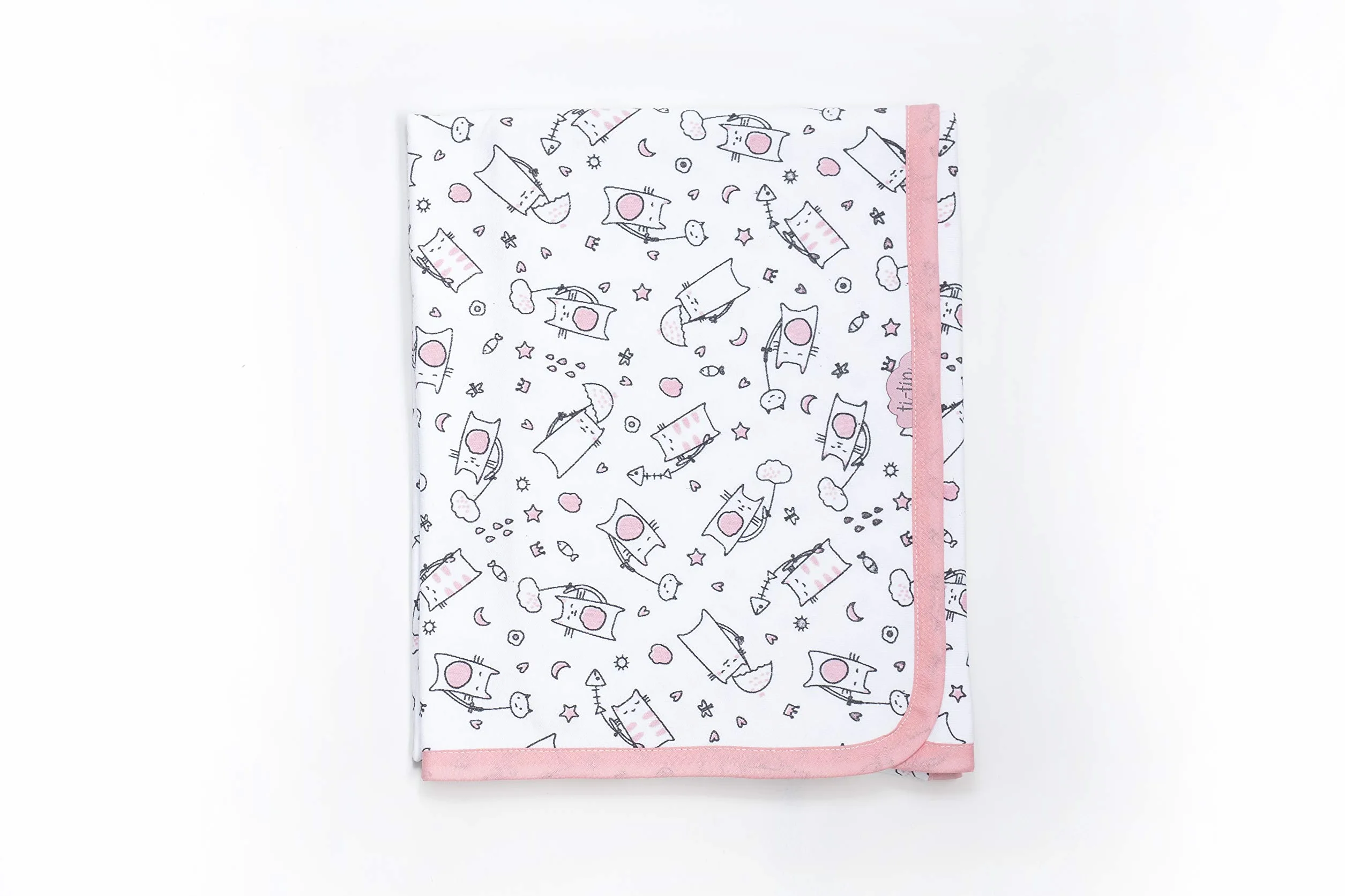 Ti TIN Coperta in Cotone Morbido e Assorbente per Neonato | Coperta Avvolgente 100% Cotone con Doppio Strato 2x180gr/m², 80x75 cm, Stampa Gattini, Colore Rosa