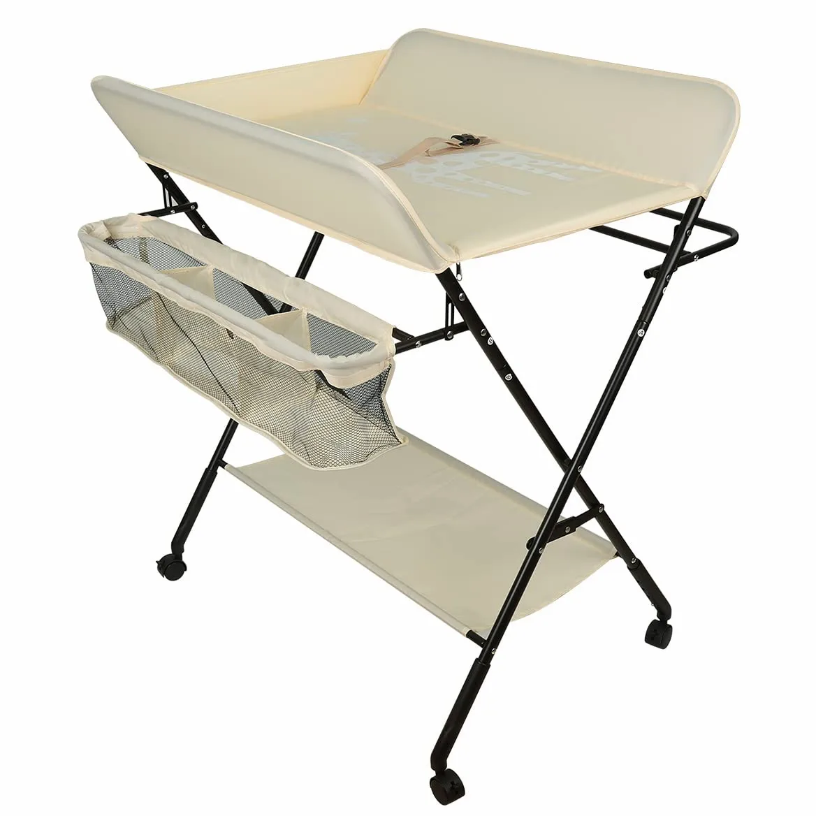 Fasciatoio pieghevole, cassettiera pieghevole per neonato, fasciatoio con ripiani di stoccaggio, ripostiglio+chiusura di sicurezza, motivo giraffa. Beige
