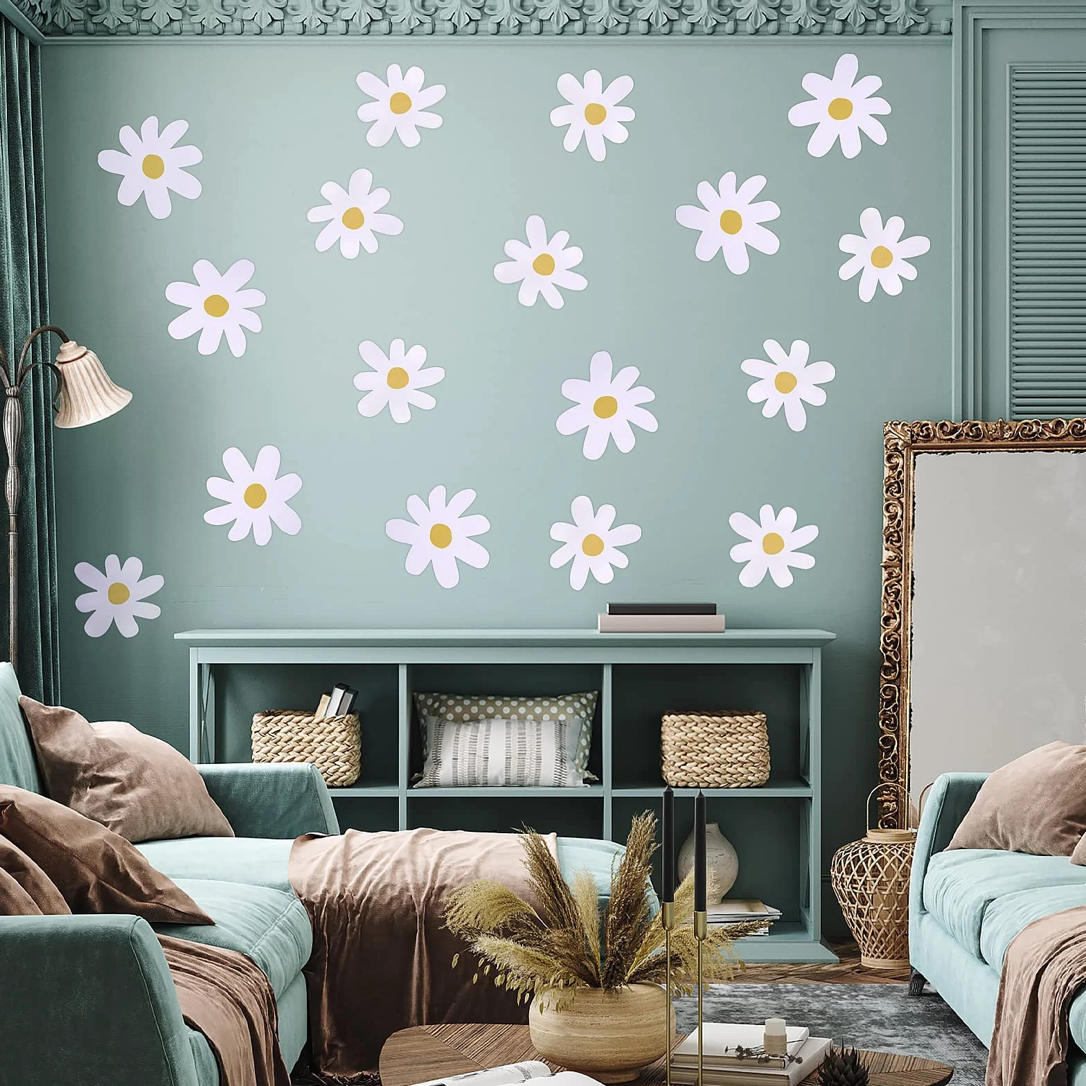 Bremorou 36 adesivi da parete per cameretta dei bambini, margherite, autoadesivi, decorazione da parete, bianchi, vinile, decorazione floreale, rustico, impermeabile