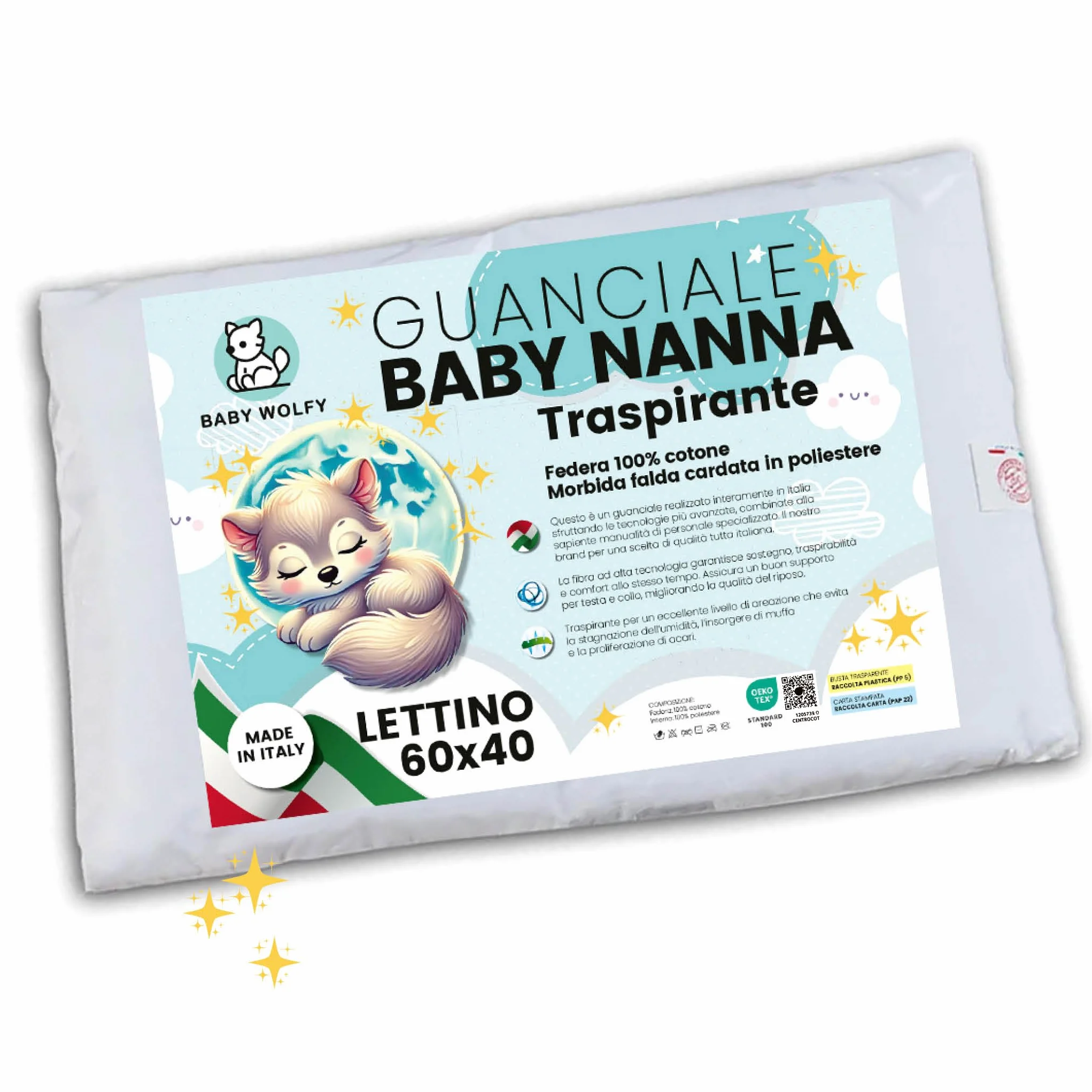 BABY WOLFY-Cuscino Lettino Bambino 40x60cm certificato OEKO-TEX® 1 2 3 4 anni 100% Cotone Antiacaro Anallergico Traspirante Morbido per Letto Culla Passeggino Asilo Nido Made in Italy