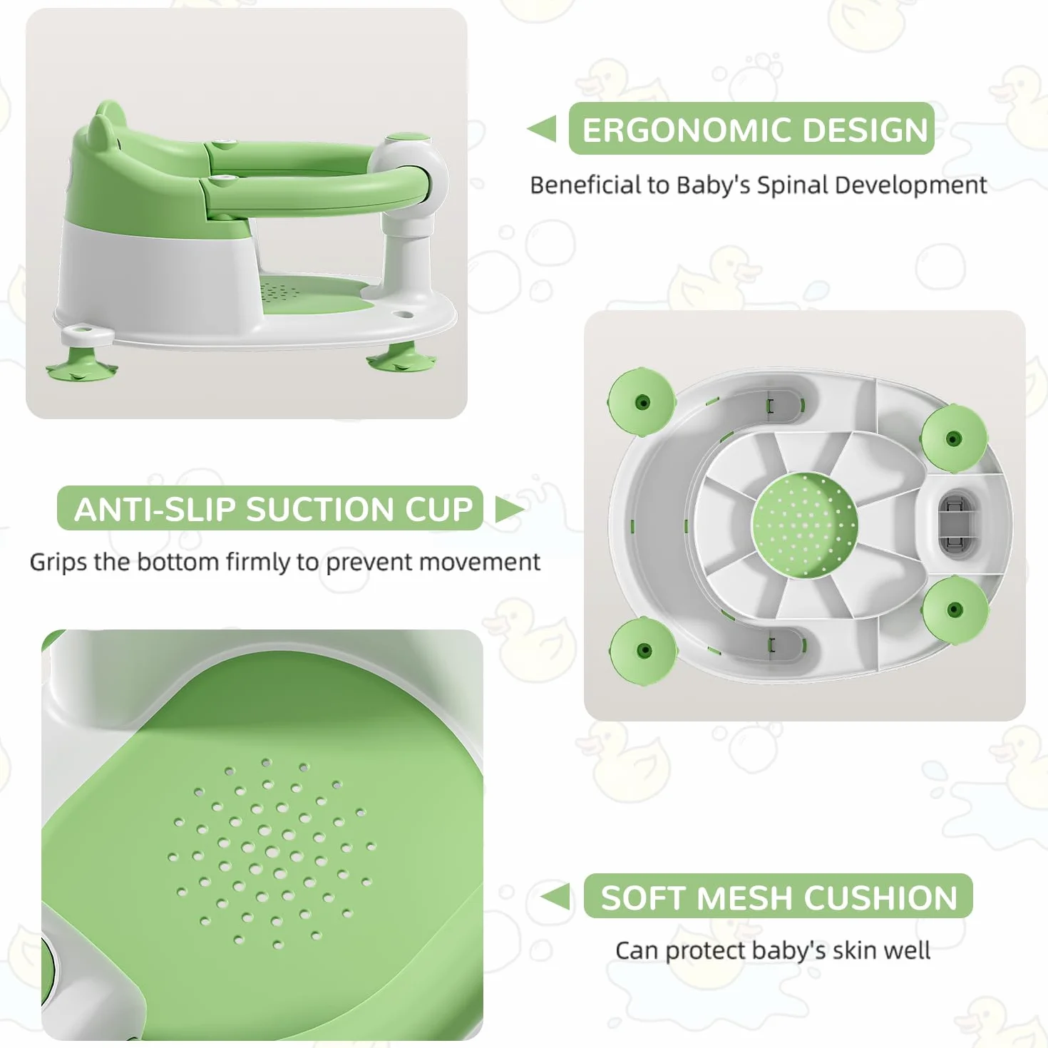 Seggiolino per Vasca da Bagno per Bambini a Partire da 6 Mesi, Seggiolino da Bagno Antiscivolo con 4 Ventose e Cuscino per Neonati, Sedia per Doccia Portatile per Doccia o Vasca da Bagno, Verde
