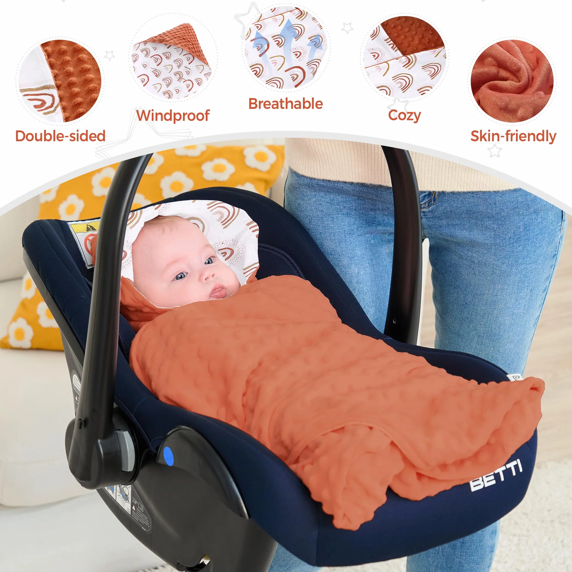 Miracle Baby Coperta Avvolgente in Cotone 90x90cm, Copertina Multifunzionale Universale per Neonati, Passeggino, Ovetto e Seggiolino Auto, Reversibile per Quattro Stagioni, Arcobaleno