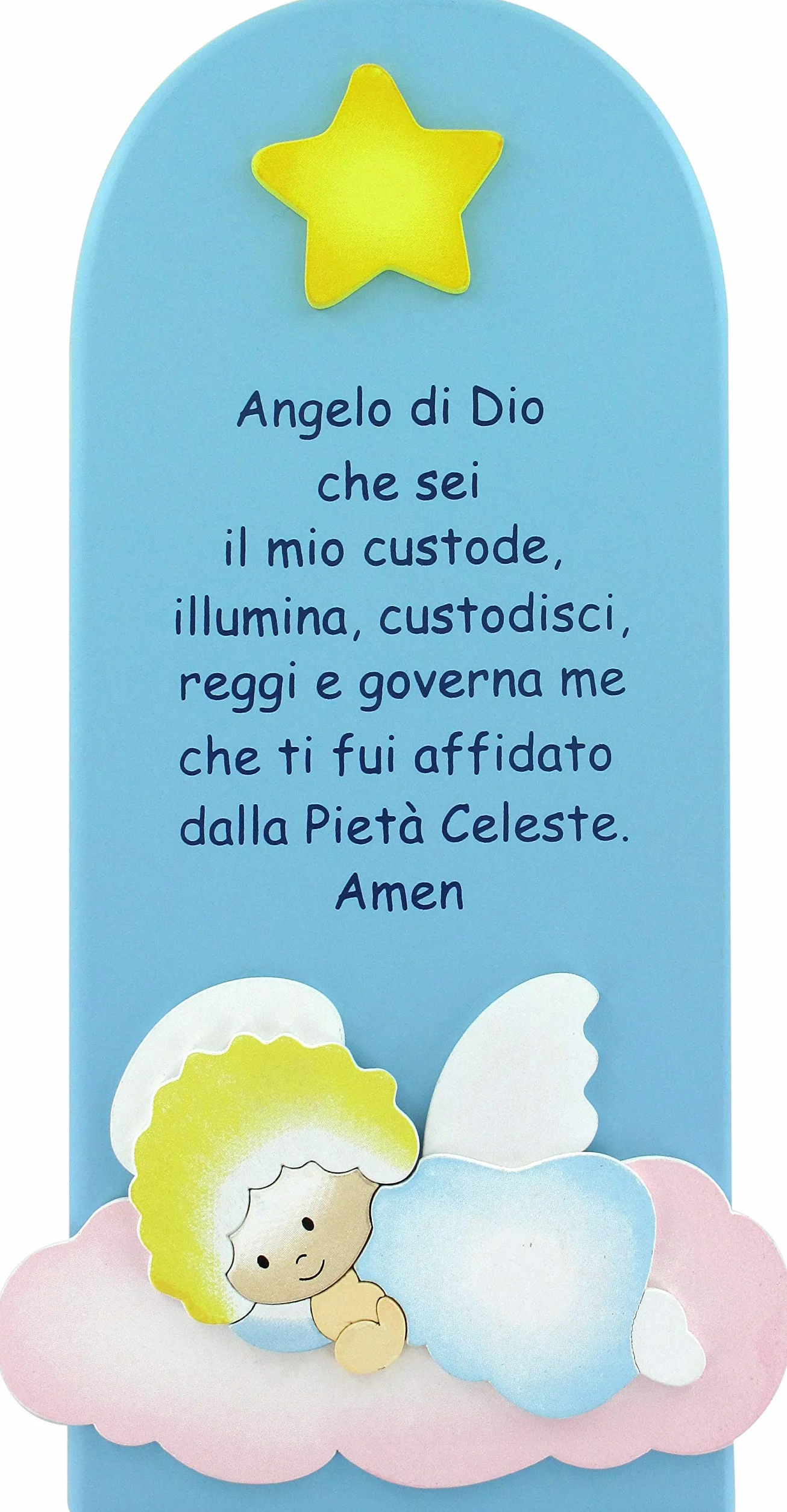 Ferrari & Arrighetti Quadretto per Bimbi, Quadro con Preghiera Angelo di Dio in Legno Colorato Azzurro da Appendere al Muro/Parete, Idea Regalo per Bambini, 28 x 12 Cm