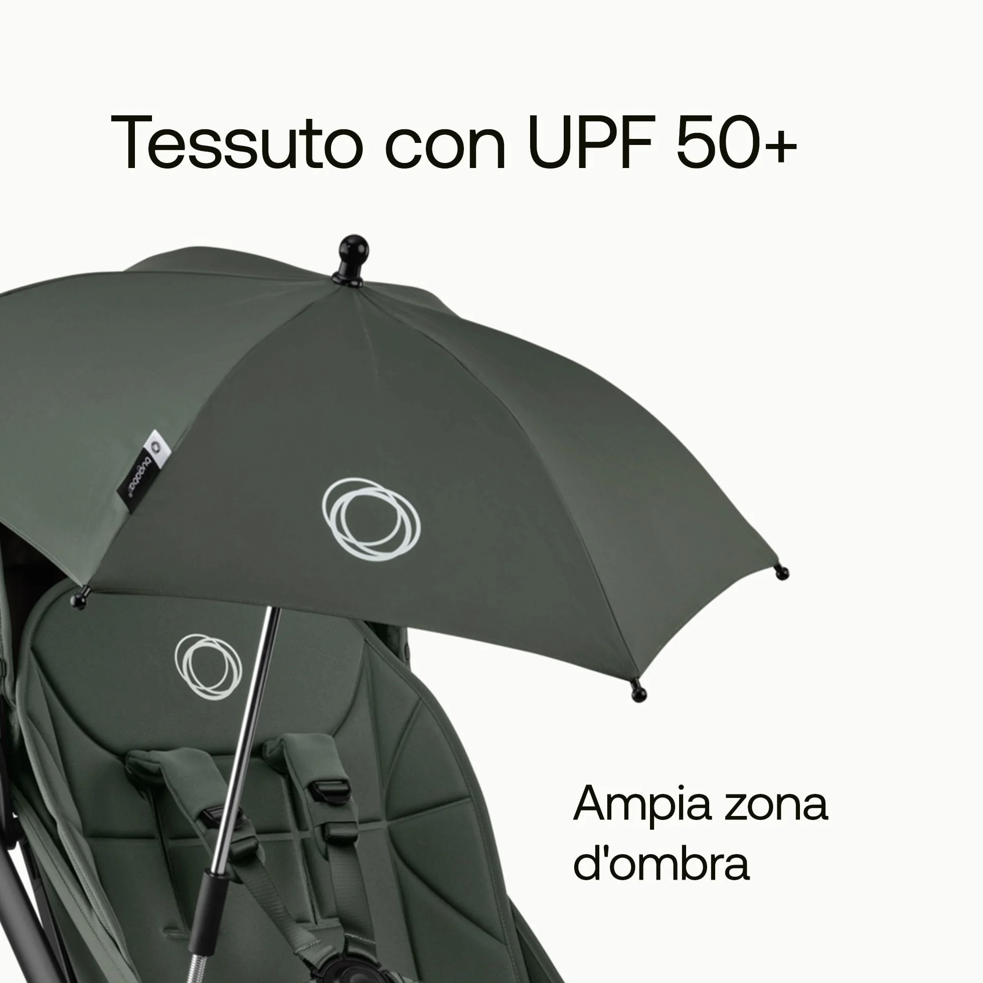 Bugaboo Ombrellino+, Compatibile con Tutti i Passeggini Bugaboo, Tessuto con fattore di protezione solare UPF 50+, Ampia Zona d'Ombra, Collegamento con Un Clic, Forest Green
