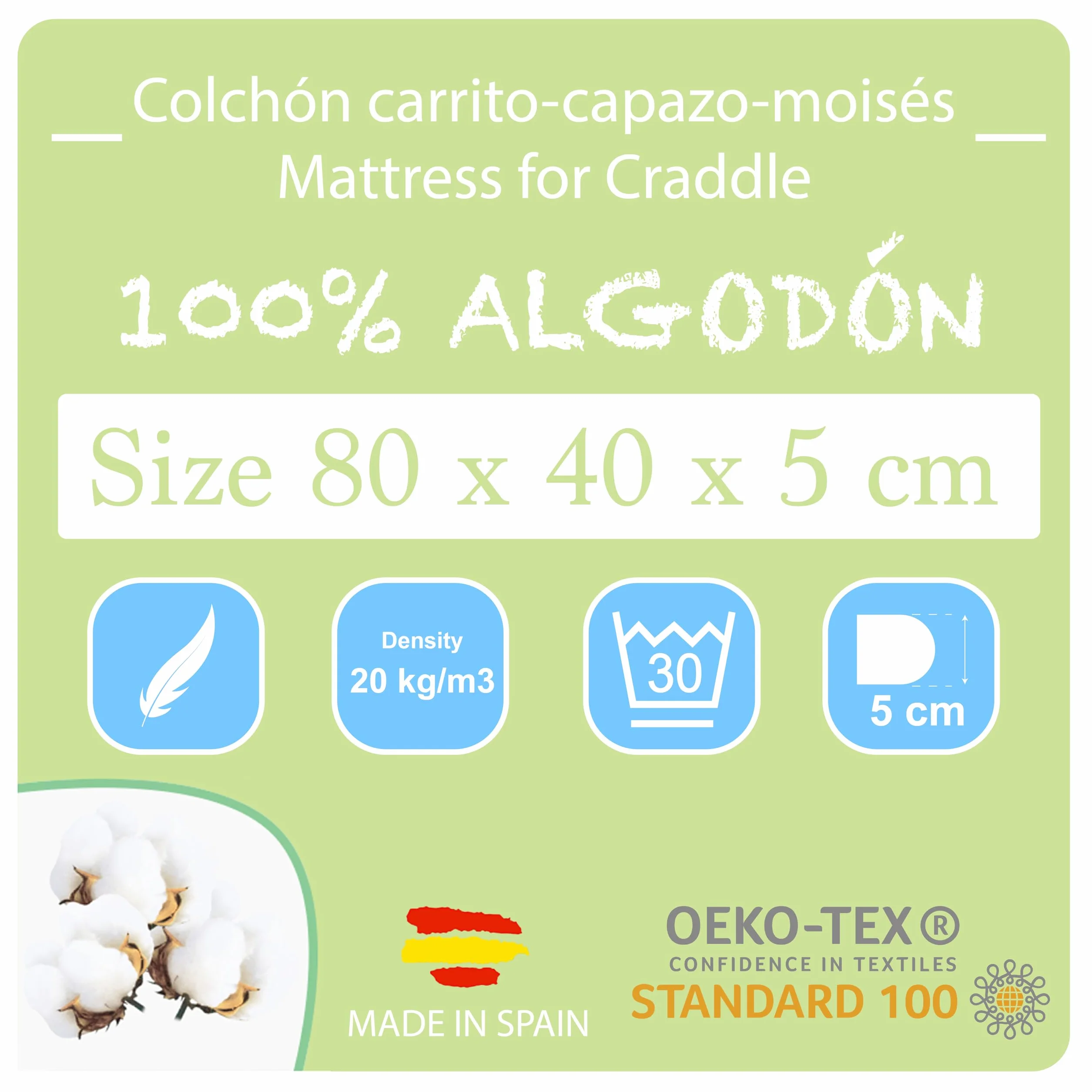 PEKITAS Materasso ovale traspirante Navicella Moises Carrello 80 x 40 x 5 cm Fodera 100% cotone lavabile