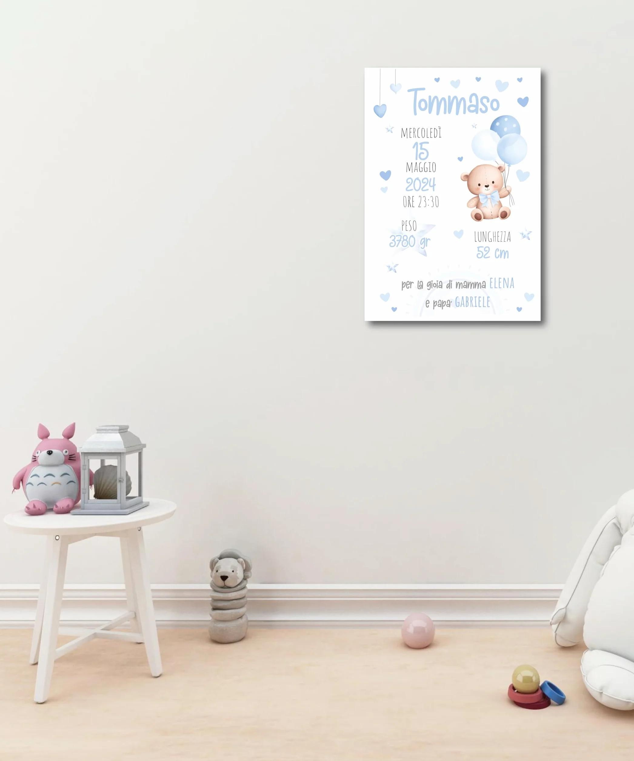 Generico Quadro personalizzato nascita, tre modelli, tre colori, idea regalo per nascit, arredo cameretta decorazione 20x30cm (AZZURRO)