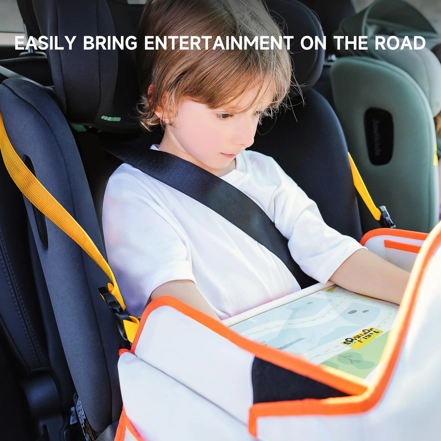 Jovikids Vassoio da Viaggio per Bambini, Tavola da Disegno Cancellabile, Tasca PAD touch screen Tavolino Auto per Bambini, 7 Tasche, Pieghevole e Portatile (beige)