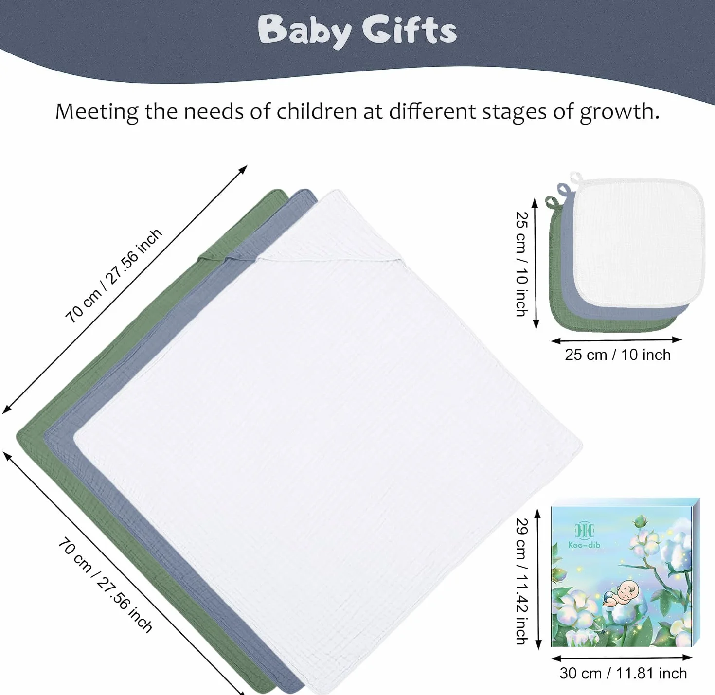Accappatoio Neonato 0-3 Mesi E 6-12 Mesi Con 6 Asciugamano, Quadrotti Cotone E Mussole Cotone, Ideale Regalo Per Femmina E Maschio, 70x70 CM (Blu & Verde & Bianco)