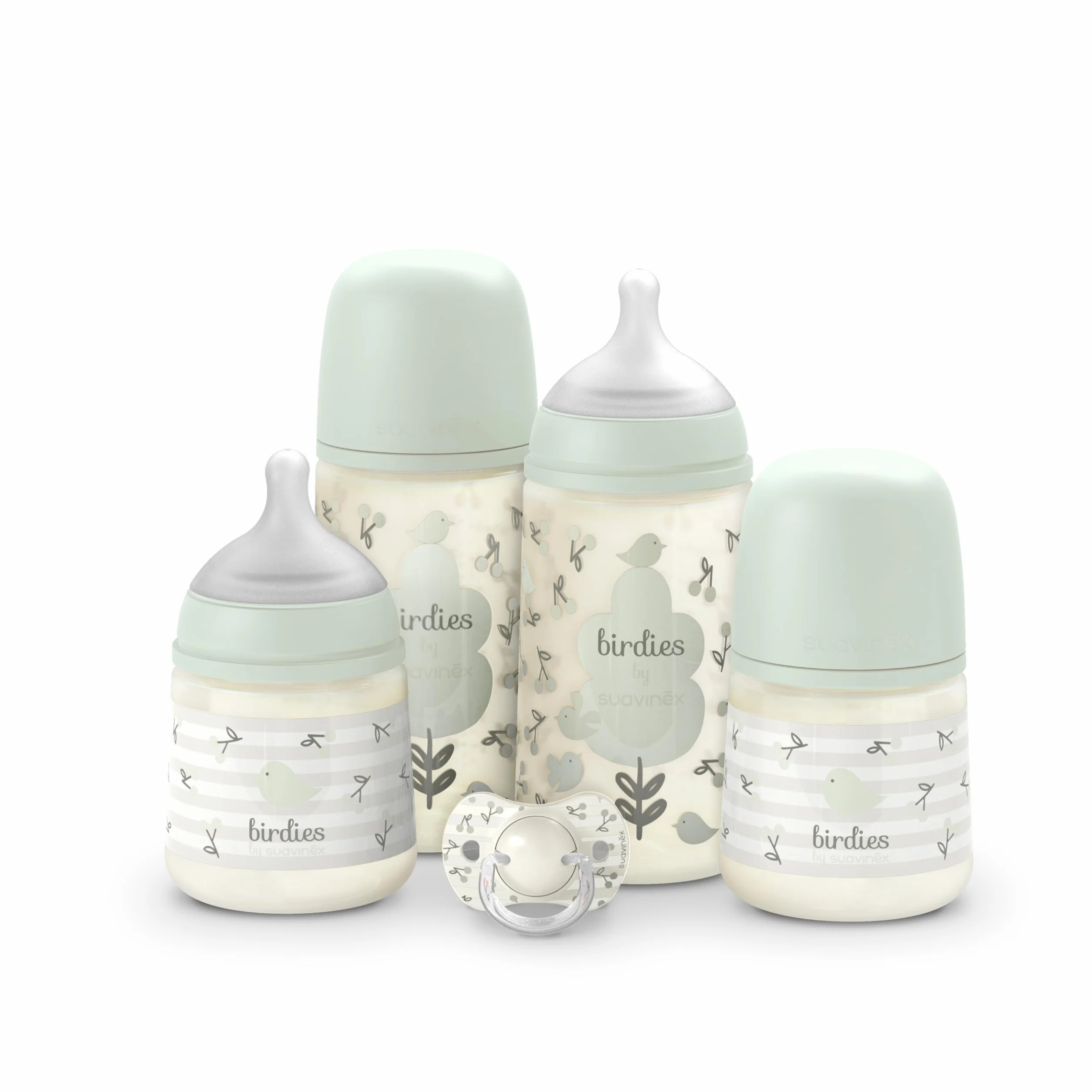 Suavinex, Set di Biberon per Neonati, Confezione Regalo: 2 Biberon da 270 ml + 2 Biberon da 150 ml + Ciuccio 0-6 Mesi, Tettarelle Fisiologiche SX Pro in Silicone, 5 Pz, +0M, Birdies Verde