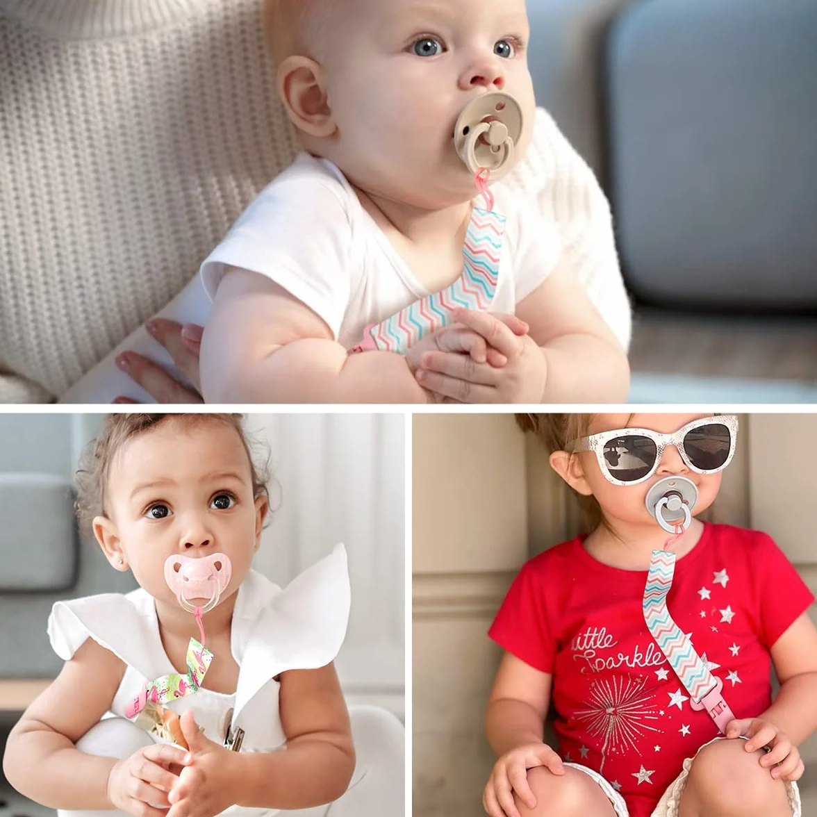 4 Pezzi Ciuccio Catena per Bambini, Catenella Porta Ciuccio con 4 Pezzi Ciuccio Clip Adattatore per Neonato per Nascita Battesimo Baby Compleanno Natale Regalo
