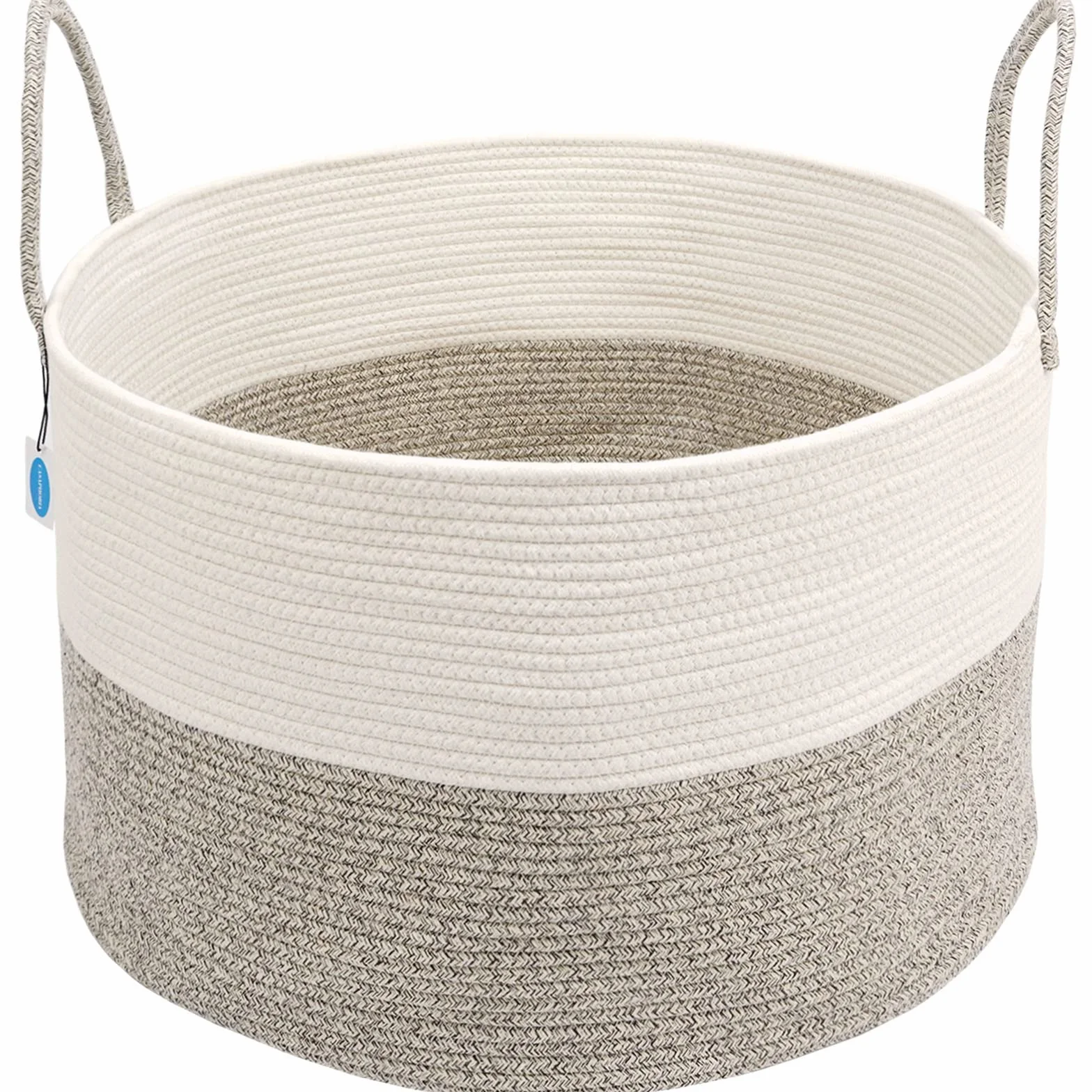 Casaphoria XXXL, cesto portaoggetti in corda di cotone per soggiorno, con manico lungo, per coperte, asciugamani e cuscini, cesto portabiancheria | crema bianco e marrone (55,9 x 55,9 x 35,6 cm)