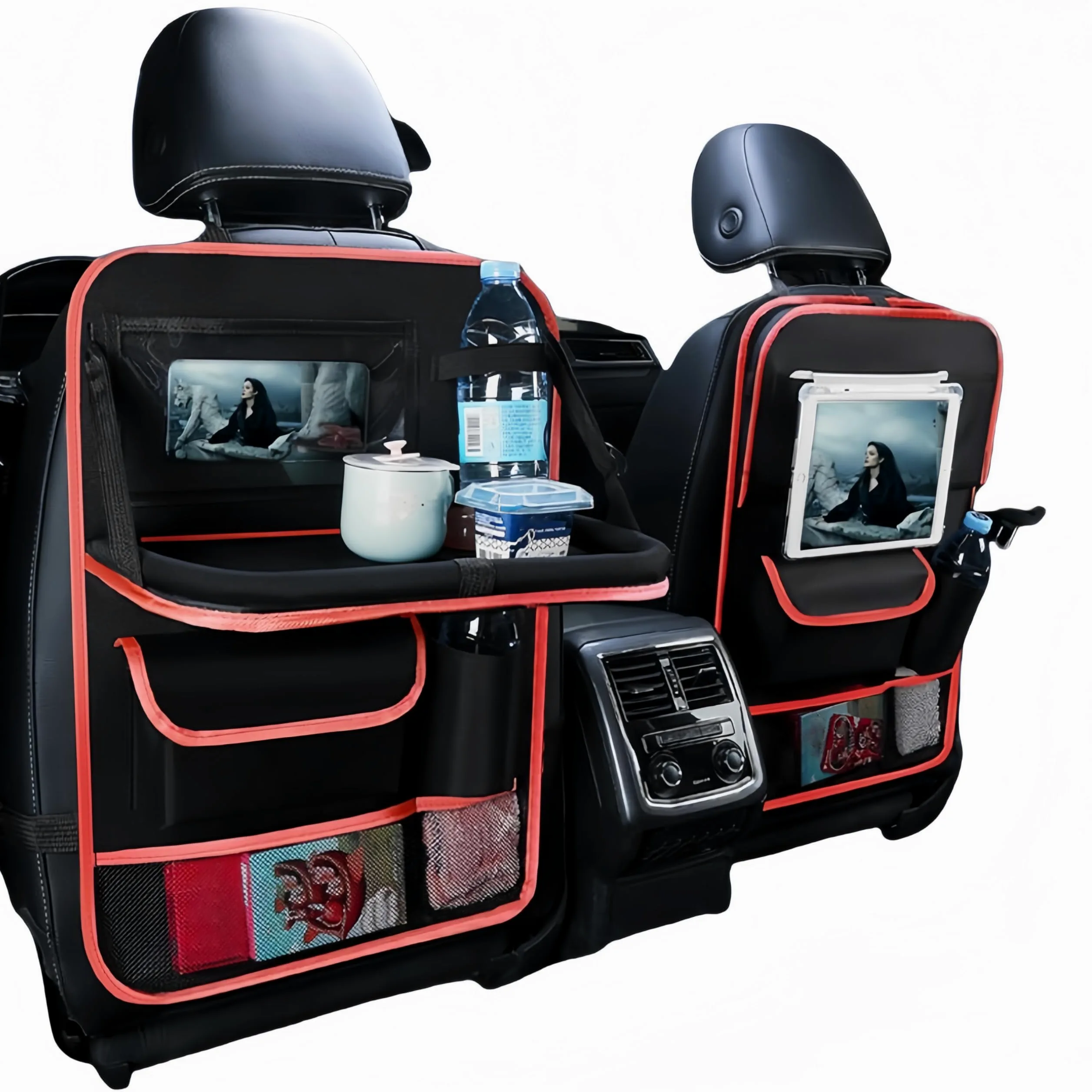 2Pezzi Organizer Auto per Daewoo Tosca/Winstorm SUV, Anti Kick Mat Sedili, Auto Organizzatore Impermeabile, con Multi Tasca e Tavolino Pieghevole,B-BlackRed