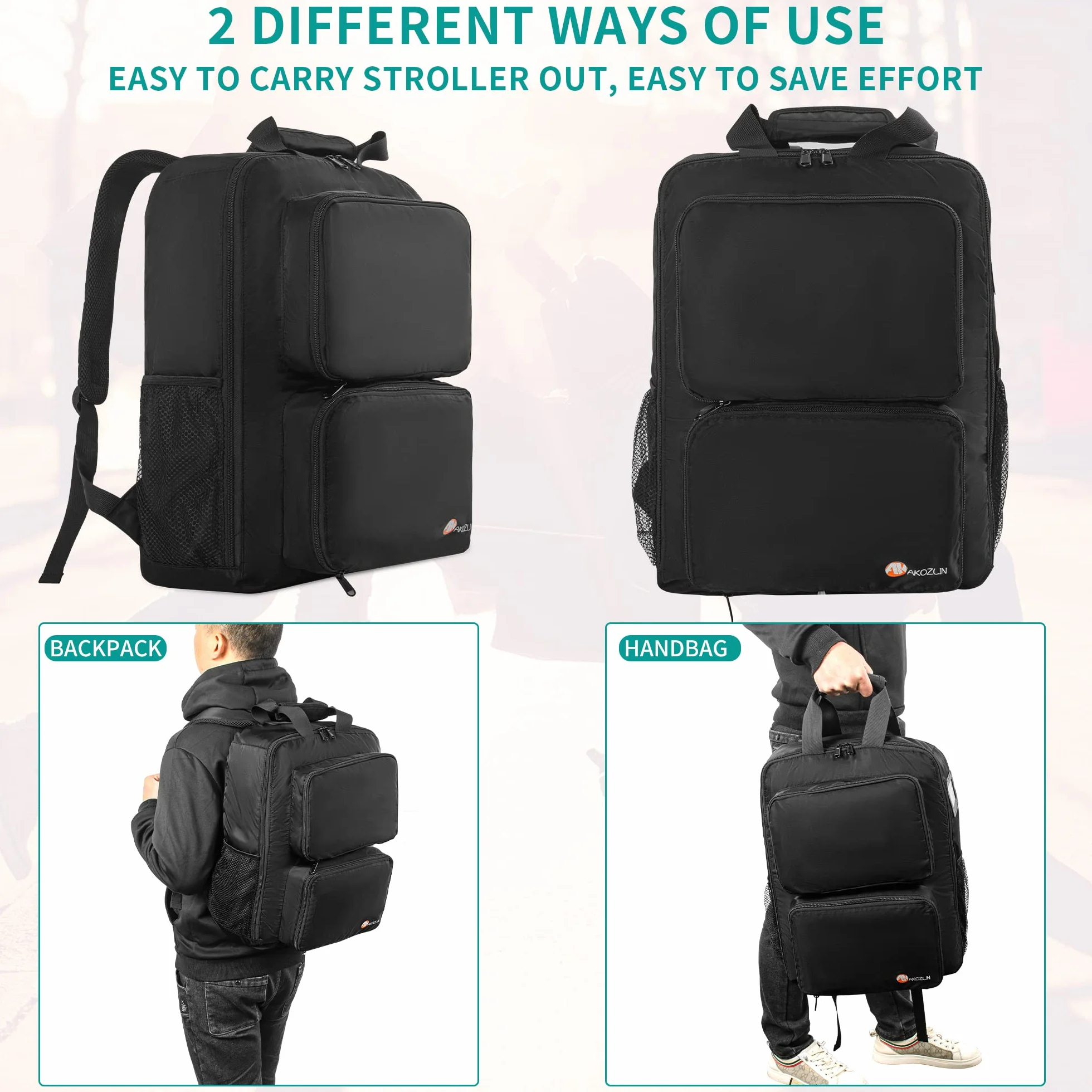 AKOZLIN Zaino da viaggio pieghevole per passeggino, nero, L(For all GB Pockit Strollers), Zaino