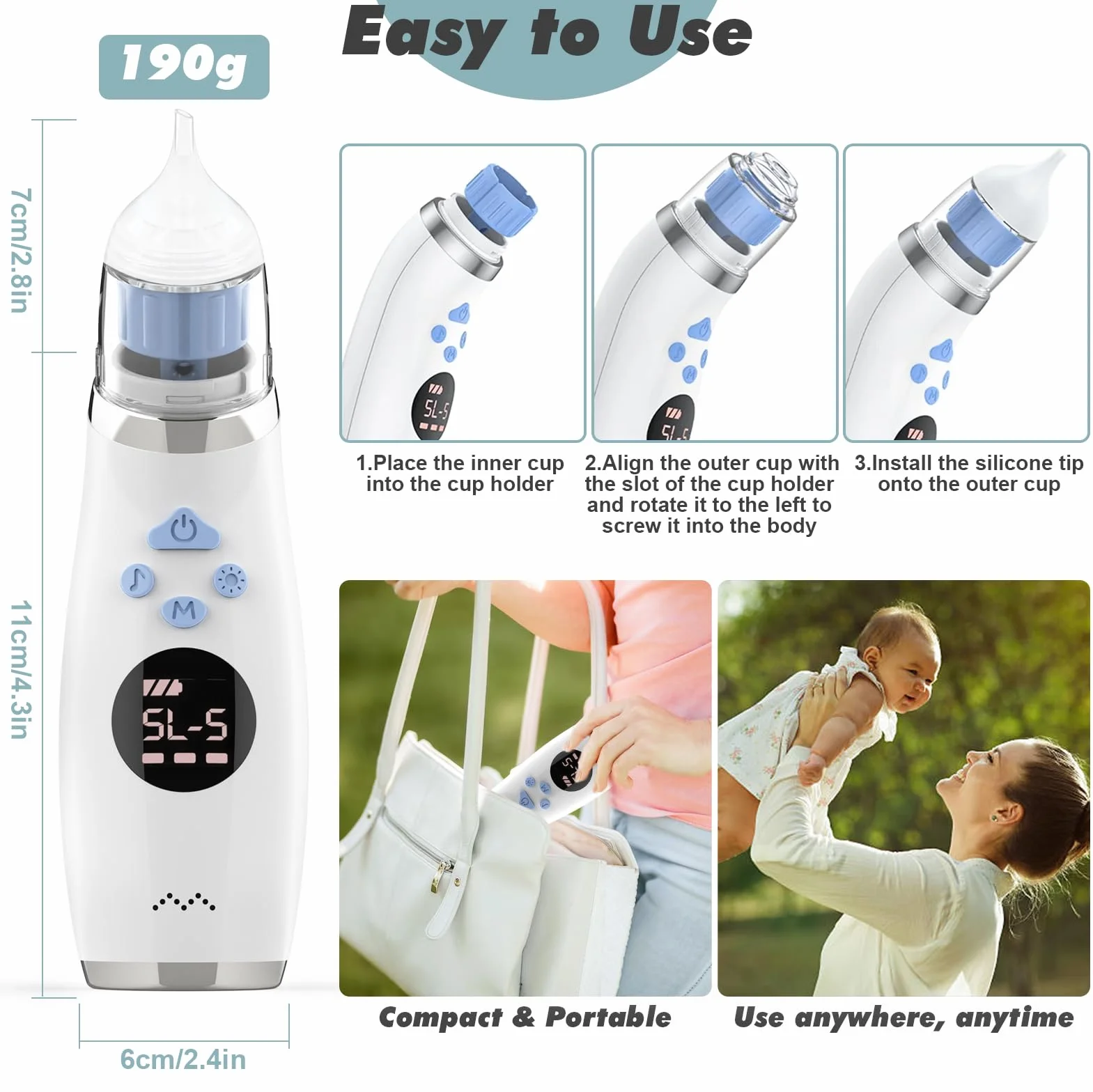Aspiratore Nasale Neonato Elettrico, Aspira Muco Bambini Portatile con Display LCD e Custodia, 3 Beccucci in Silicone, Silenzioso, Pulizia Naso USB