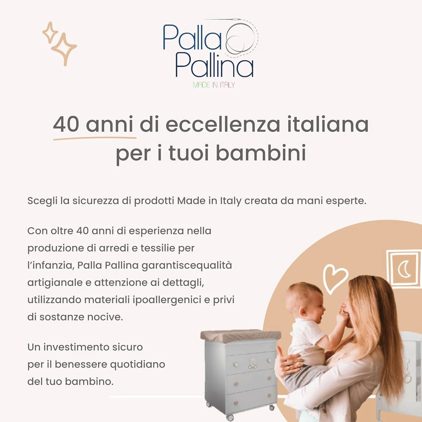 PALLA PALLINA Materassino Fasciatoio Per Cassettiera Con Sponde AntiCaduta 80X9X48 Cm Materasso Fasciatoio Neonato 100% PVC Impermeabile Lavabile PRODOTTO IN ITALIA (STELLINA TORTORA)