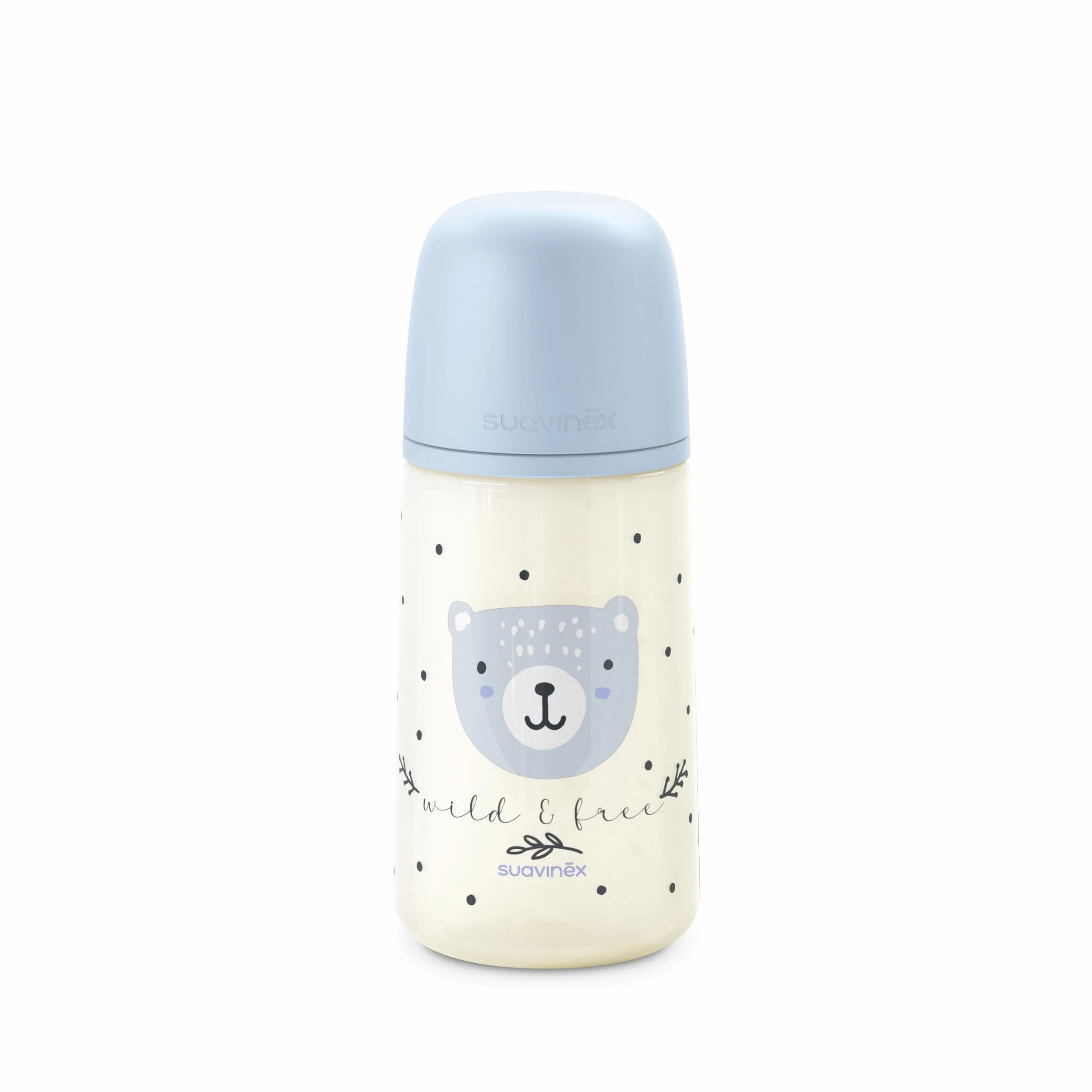 Suavinex, Biberon da 270 ml con tettarella fisiologica SX Pro in silicone con valvola anti-coliche, flusso medio (M), per liquidi a media densità, latte, succhi o acqua. Neonati +3 Mesi. Wild&Free Blu