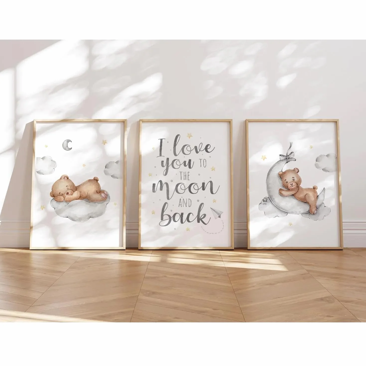 MeinBaby123® Set di 3 immagini per cameretta dei bambini, formato DIN A4, immagini da parete con scritta, decorazione per la cameretta dei bambini, decorazione da parete di alta qualità (orso e luna)