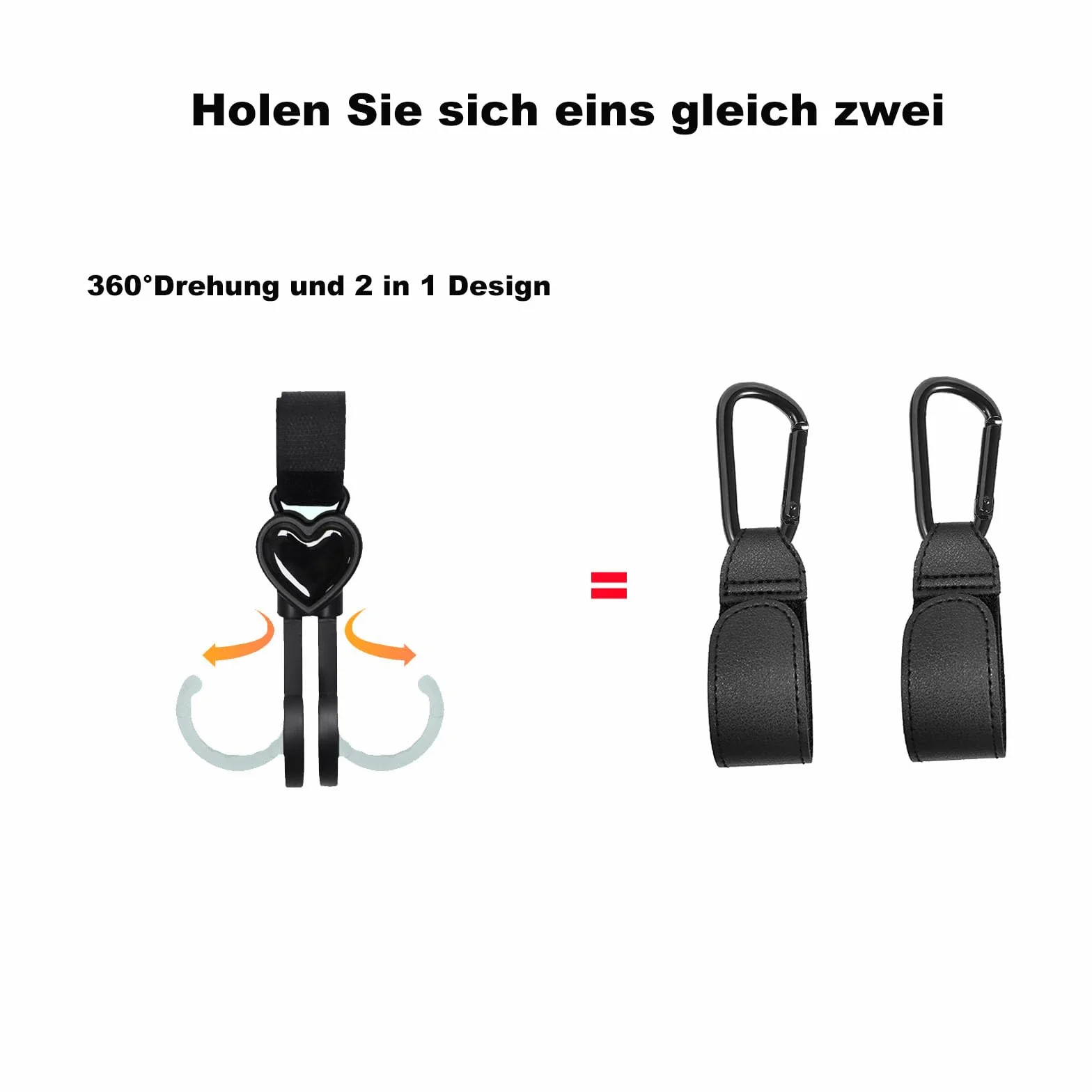 ViWaVee Gancio per passeggino, a forma di cuore, con chiusura, per borsa fasciatoio, borse, borse sospese, zaini, portafogli, accessori per passeggini, vestibilità universale (2 confezioni)