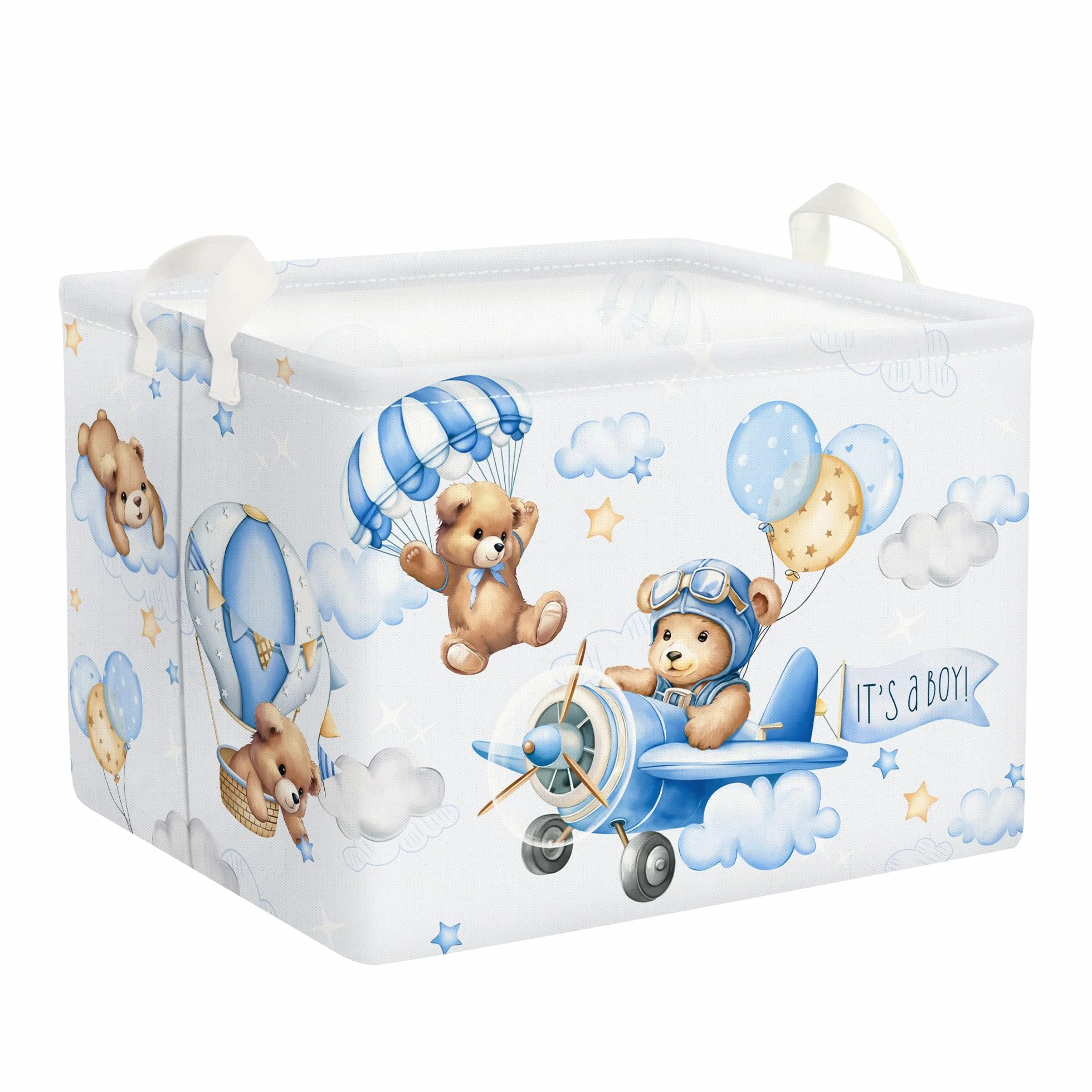 Clastyle Grande Cestino Portaoggetti Orso Pilota Palloncini Blu con Maniglia Ceste per la Biancheria Pieghevole Rettangolare Vestiti Giocattolo per Camera dei Bambini Bagno