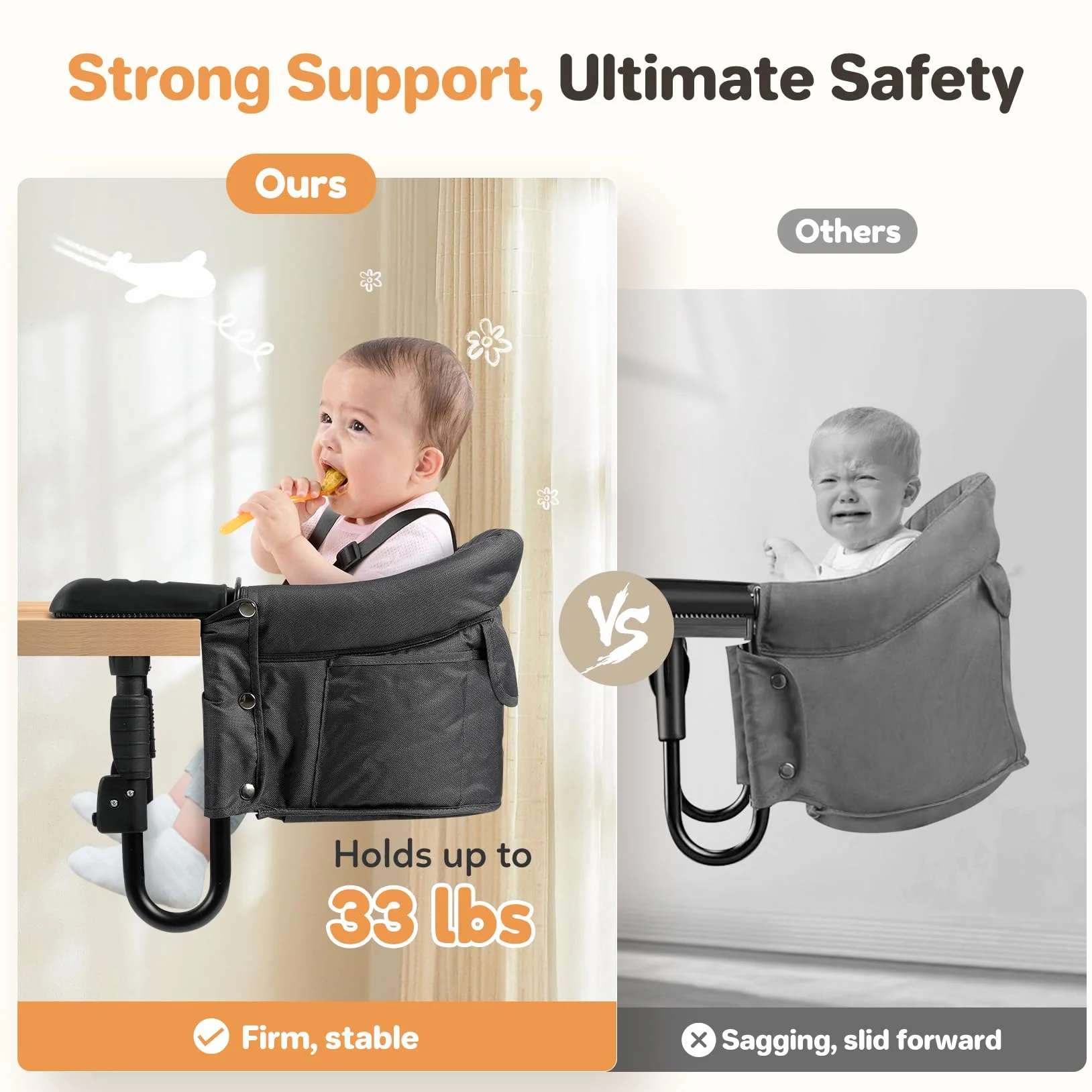 Ezebaby Seggiolone da Tavolo Pieghevole con Cintura di Sicurezza a 5 Punti e Borsa per il Trasporto di Spessore da 2,5 a 7,5 cm(Ferroso senza Vassoio))