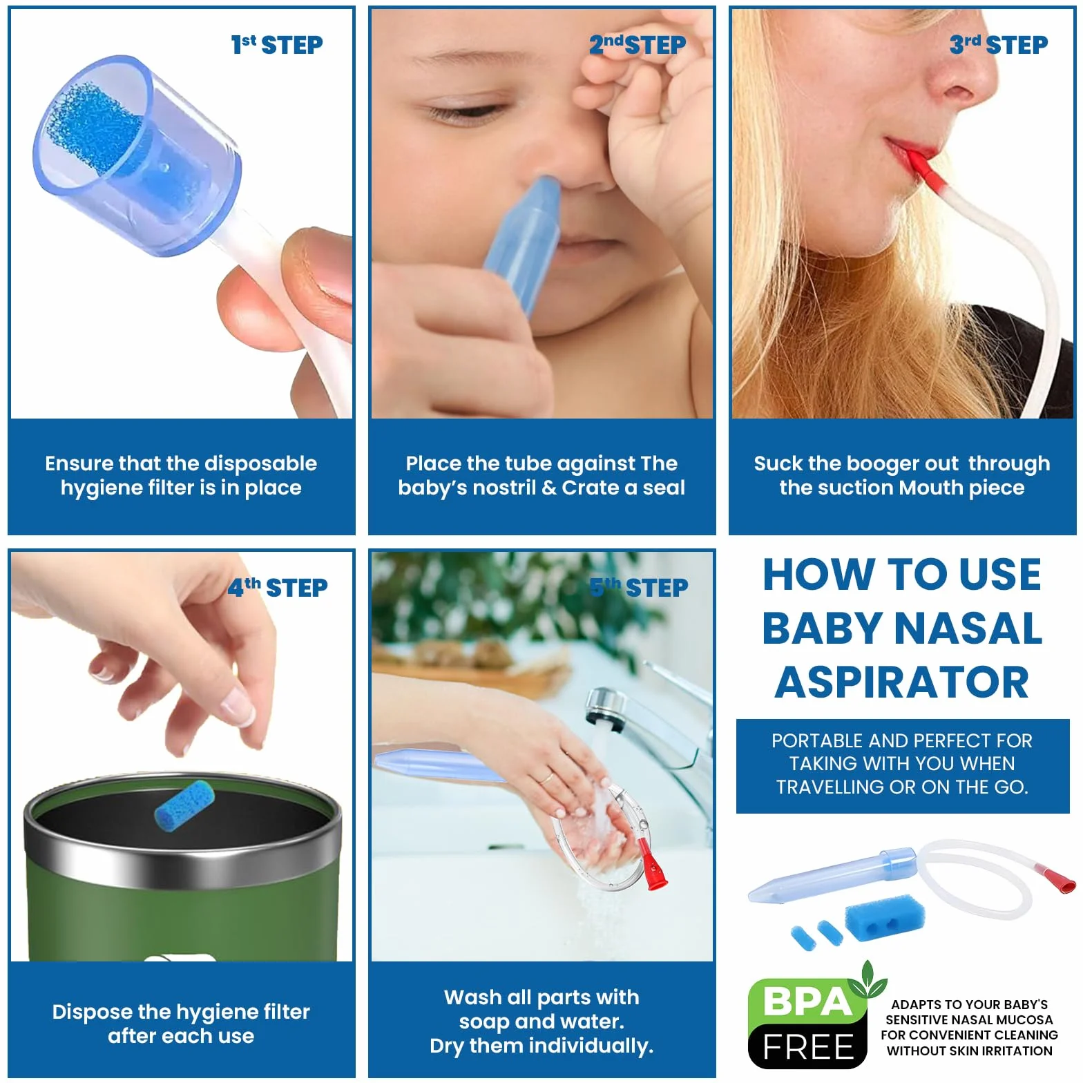 Aspiratore nasale per bambini, ventosa per muco con 24 filtri igienici, sicuro e facile da pulire per neonati, neonati, bambini, aspiratore nasale, aspiratore nasale, rimozione del muco, PLUSQMED
