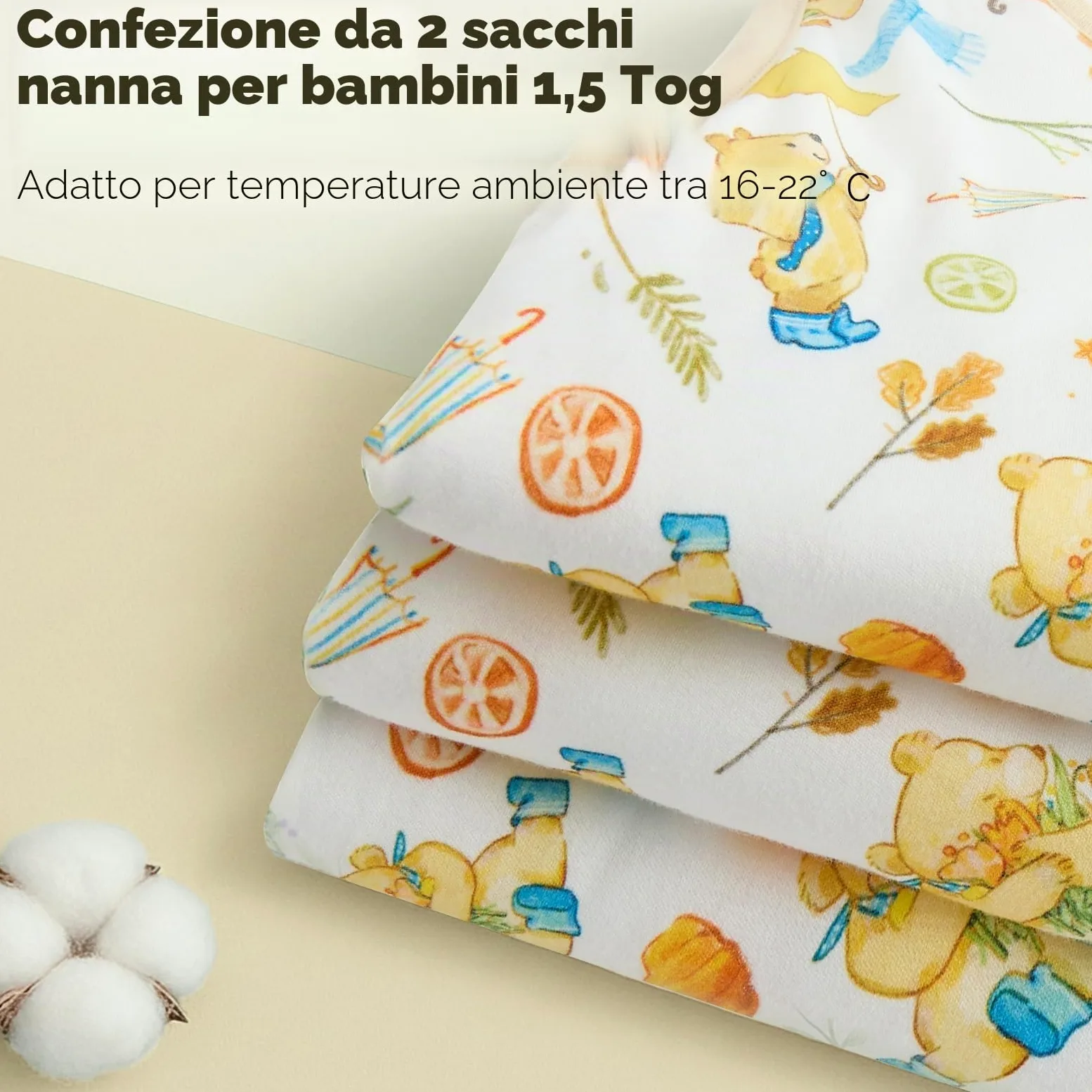 WYTbaby 2er Pack Sacco nanna per neonati 1.5 Tog Sacco nanna per tutto l'anno Morbido 100% cotone Sacco nanna per neonati Inverno per neonati maschi e femmine 0-18 mesi, giallo., 80 cm/12–18 Monate