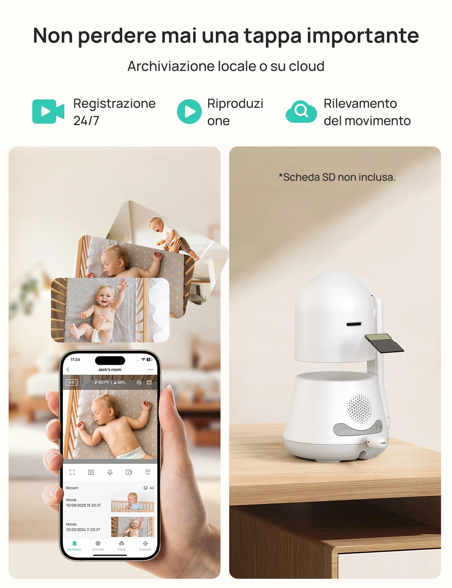 Dr.Care LumiView Baby Monitor WiFi SBM003-1080P FHD & 2K, Controllo App, Modalità Privacy, Batteria 5000mAh, Allarmi Pianto e Movimento, Luce Notturna RGB (Monitor 5" con 2 Telecamere)