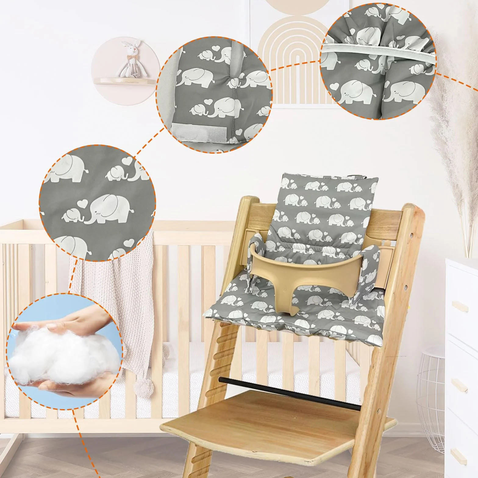 Cuscini per Seggiolone Tripp Trapp Stokke, Antiscivolo Cuscino per seggiolone, cuscino per seggiolino in cotone biologico, Bambini Fodera di ricambio per seggiolone con borsa portaoggetti (04)