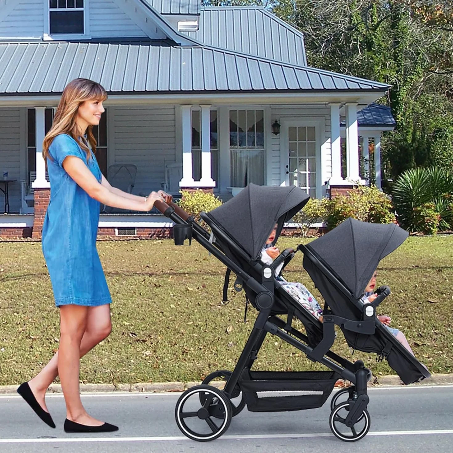 Passeggino Gemellare Doppio Leggero Carrozzina Pieghevole da Viaggio, Passeggino Tandem Compatto Con Sedili Reversibili, Navicella Bambino Carico Max 30 kg Dalla Nascita a 36 Mesi