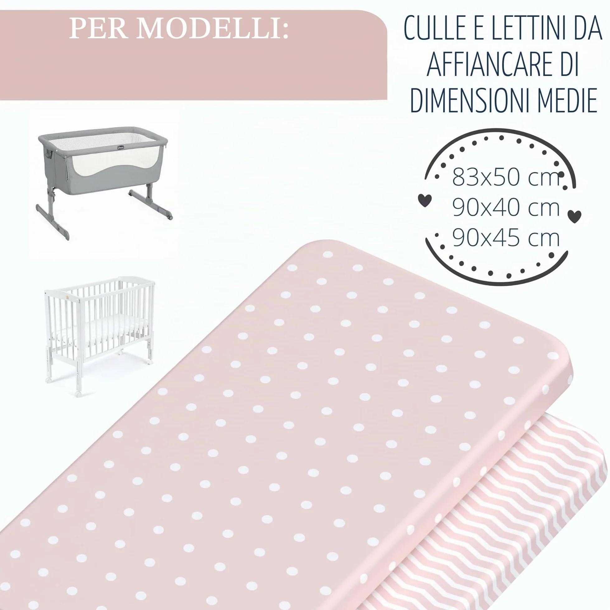 mimaDu - Set di 2 lenzuola per neonati 90x40 cm 100% cotone Oeko-Tex 80x53, 83x50, 50x83, 90x45 per letti aggiuntivi di piccole e medie dimensioni - Coprimaterasso per lettini aggiuntivi rosa antico
