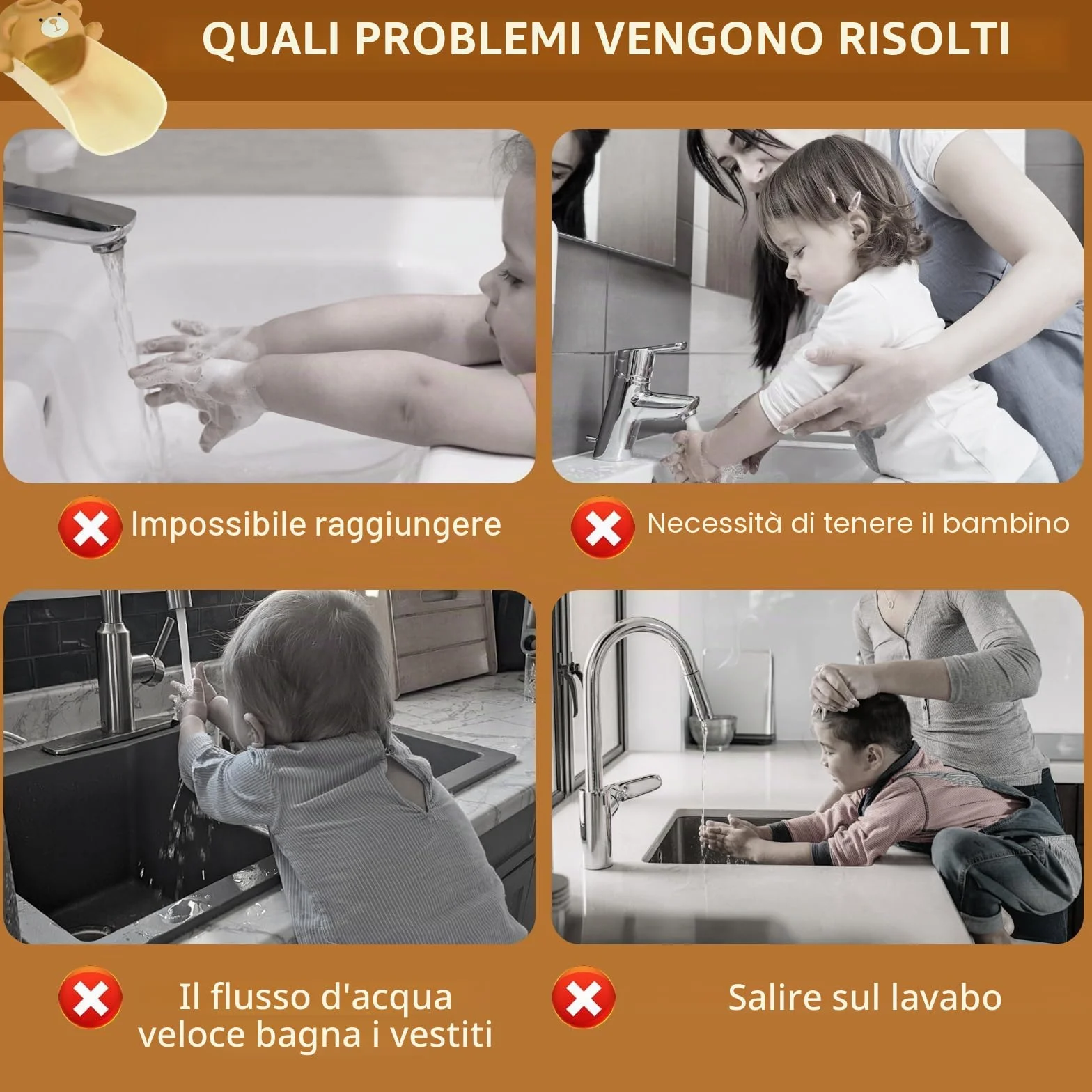 Estensore Rubinetto Bambini,Con effetto sensore di temperatura, Prolunga Per Rubinetto Per Bambini, Prolunga per rubinetto in silicone, Extender Rubinetto Bambini Kids Babies (Marrone)