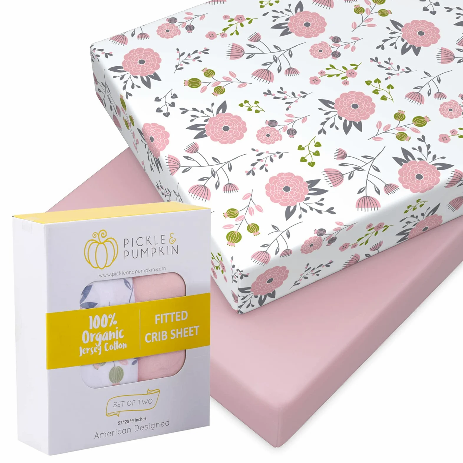 Pickle & Pumpkin - Lenzuola per culla in 100% jersey di cotone biologico, 2 pezzi, per materassi standard e materassi per bambini, motivo floreale e rosa
