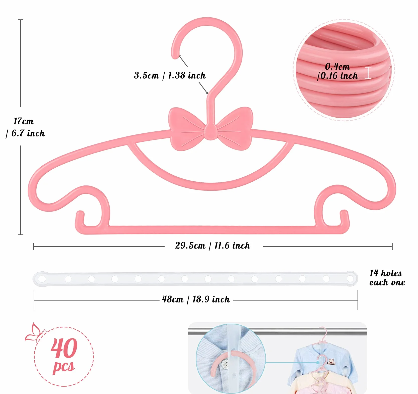 Set di 40 grucce per bambini con graziosi archi, antiscivolo, 29,5 cm, con 3 pezzi, salvaspazio, per guardaroba dei bambini