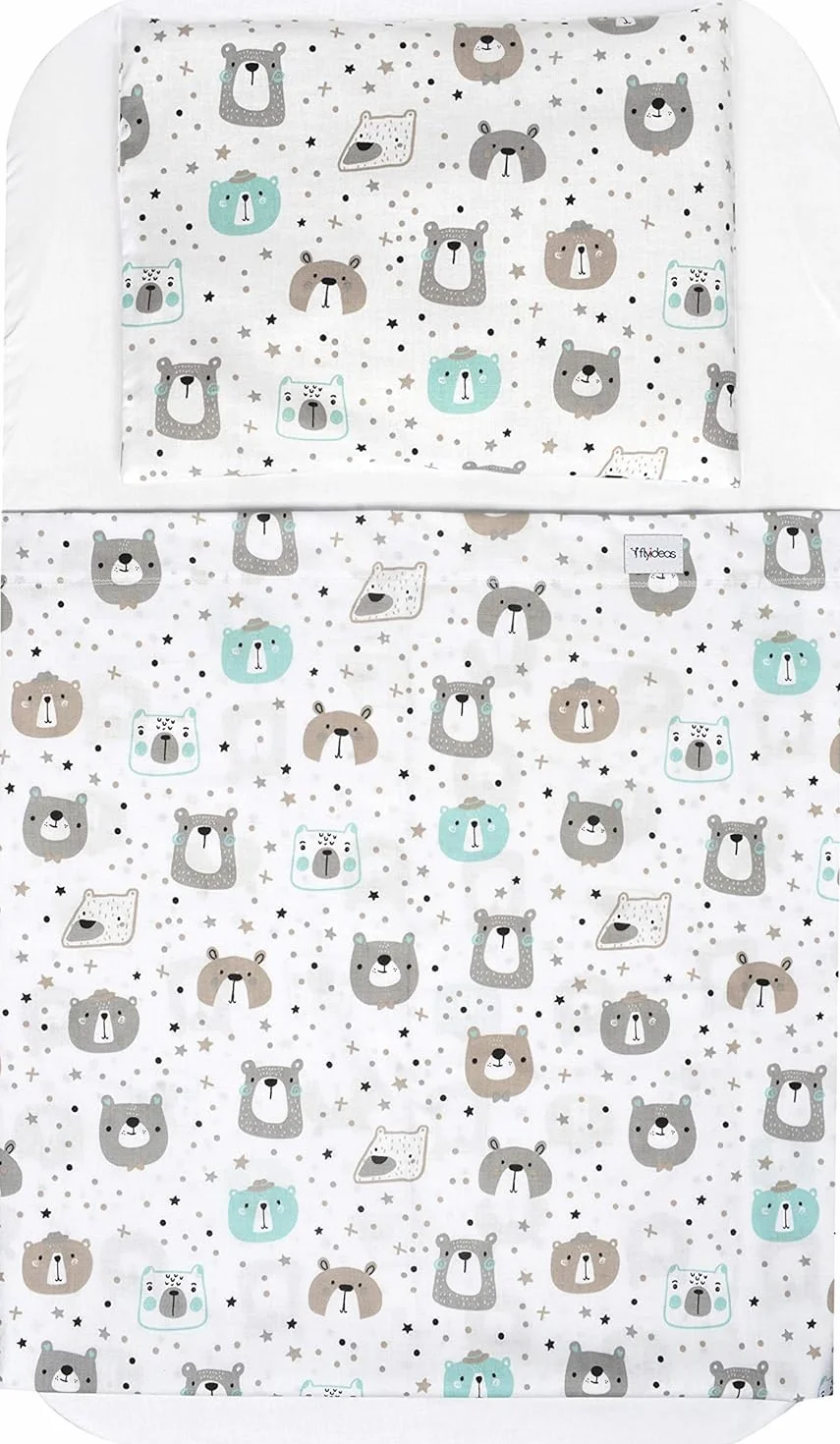 FlyIdeas Lenzuola Next to Me 90x50 cm, 100% Cotone - Set Biancheria Completo con Coprimaterasso Impermeabile - Lenzuola Compatibili Next2Me 95x55 / 90x50, Bears