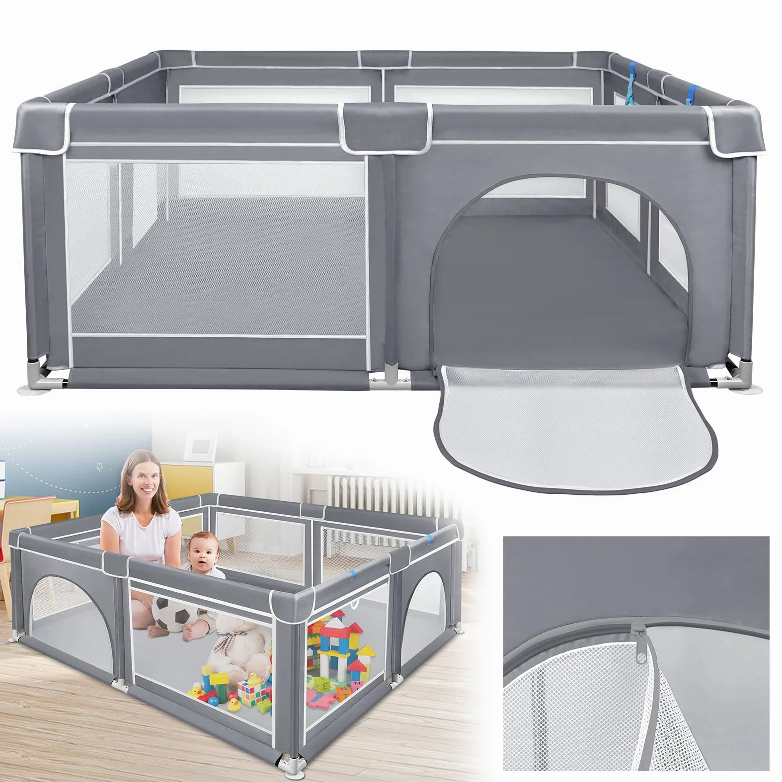 ACXIN Box per bambini, 150 x 180 x 68 cm, con base antiscivolo e rete traspirante, stabile griglia di intercettazione per bambini, grigio