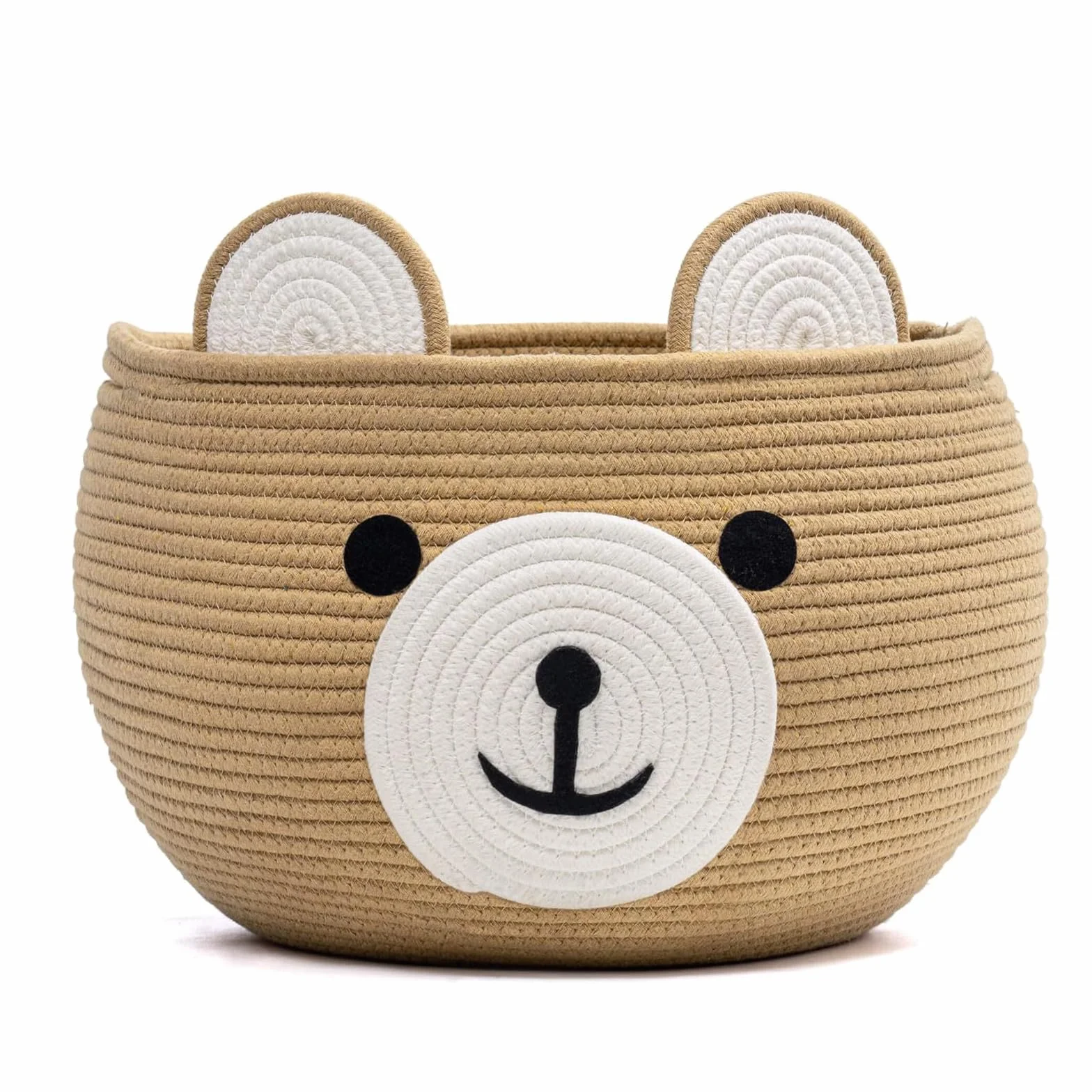Cesto portaoggetti per bambini a forma di orso in corda di cotone, cesto porta giochi rotondo con maniglie nascoste, contenitore morbido per cameretta, sala giochi e soggiorno